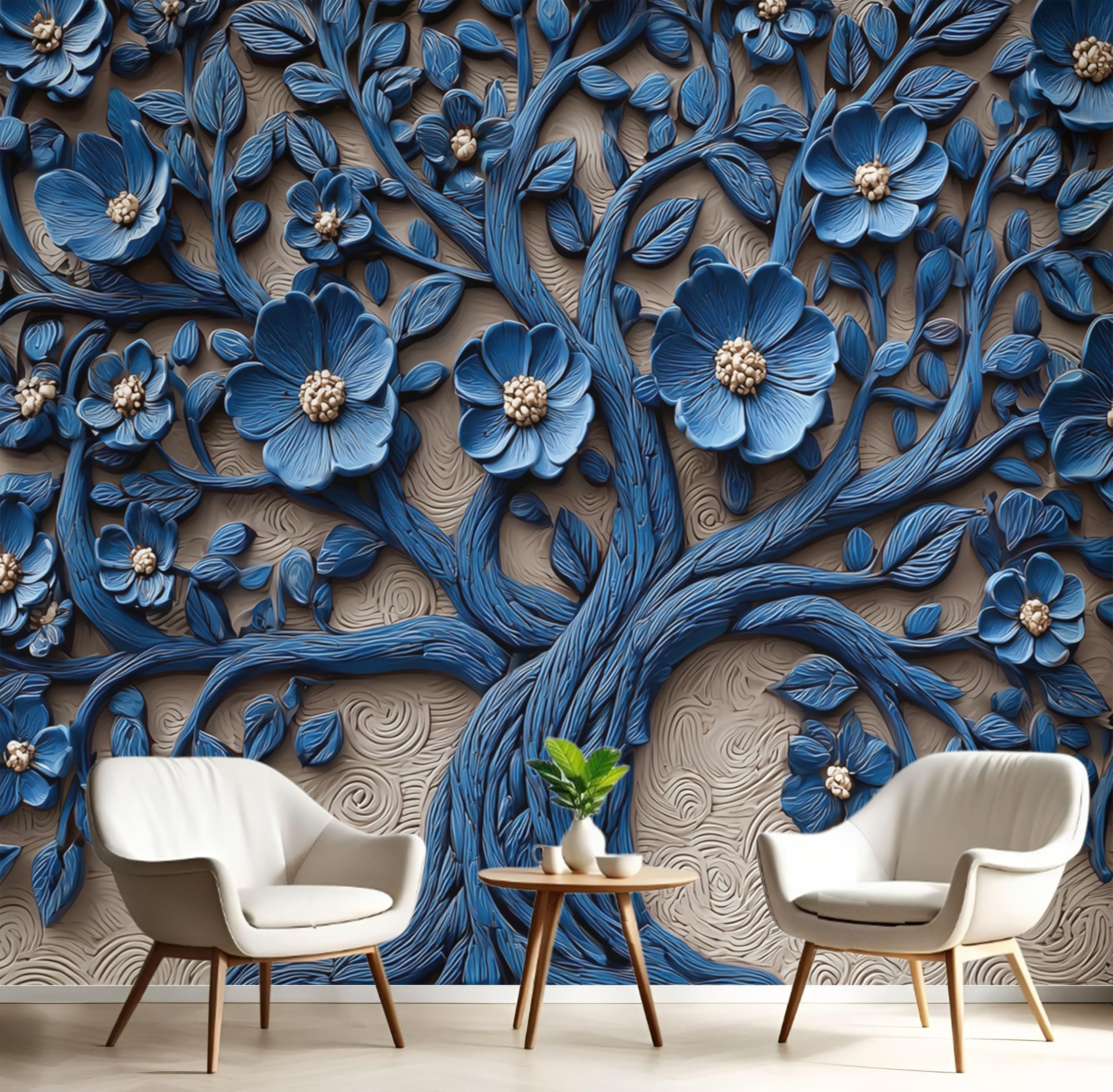 Papier peint panoramique motif thème végétal rétro bleu foncé 350x256cm pour chambre