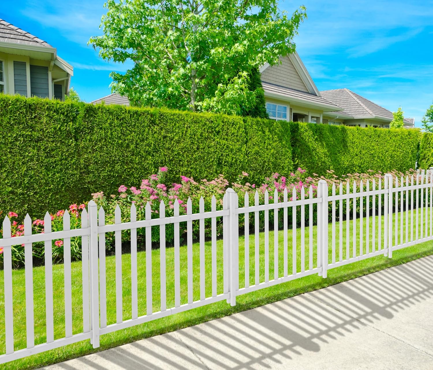 Coarbor 1 Set 84"x30" Vinyl White Picket Fence Panel PVC Garden Decorative Fence for Yard Patio Garden Deck Temporary Pet Barrier Pool(20 Pickets, Straight for Soft Ground)