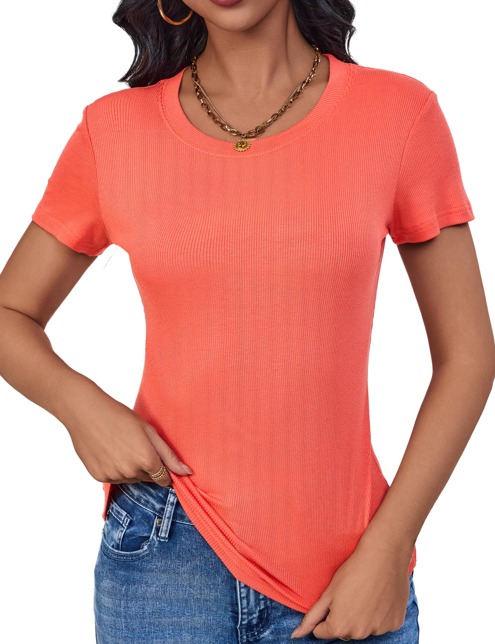 ACANI Ribbed Tshirts for Women Slim Fit Crew-Neck Summer Basic T-Shirts, Orange, M