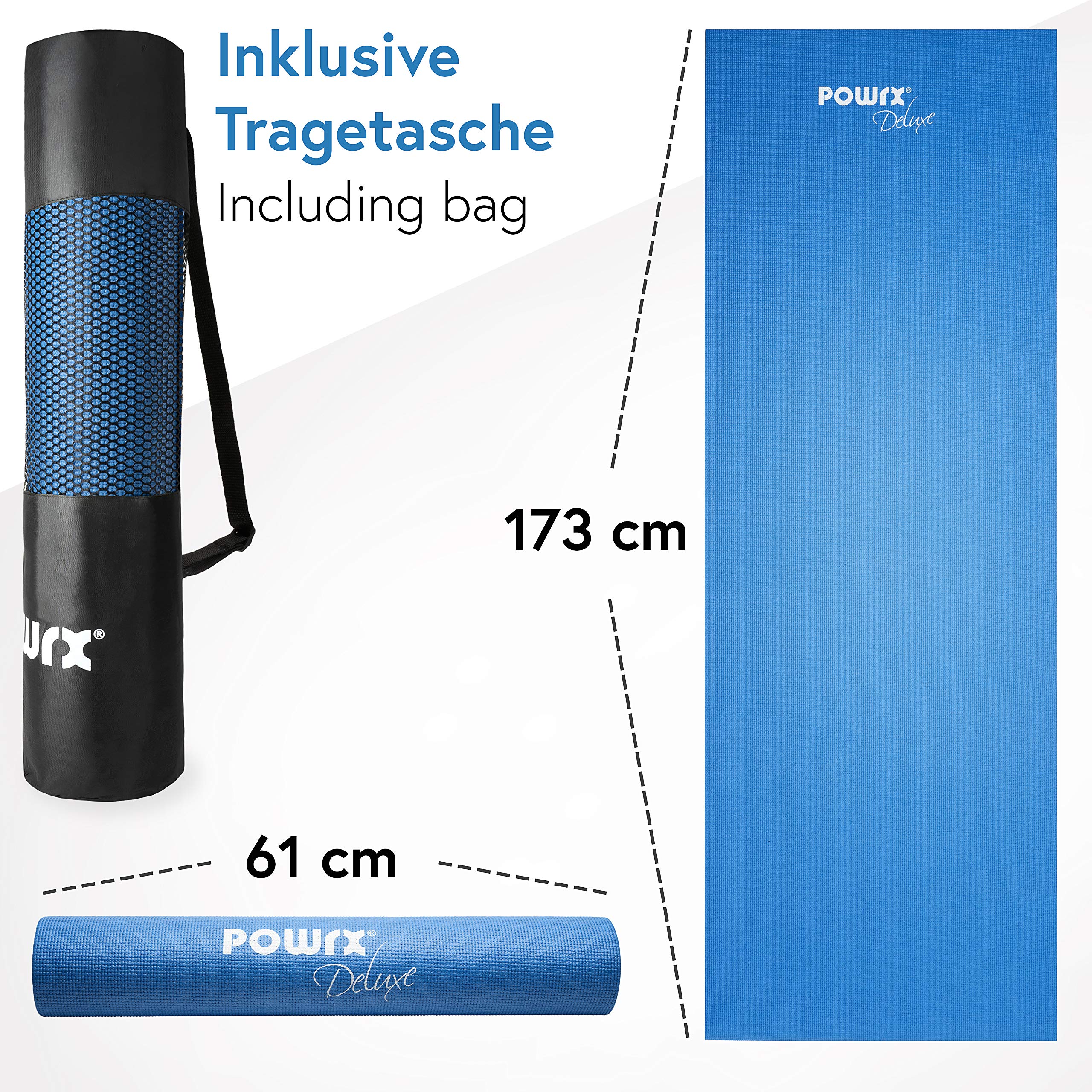 POWRX Tappetino Yoga 173 x 61 x 0,4 cm - Tappeto Ideale per Esercizi in casa e Palestra - Antistrappo con Superficie Antiscivolo - Borsa Trasporto Inclusa + PDF Workout