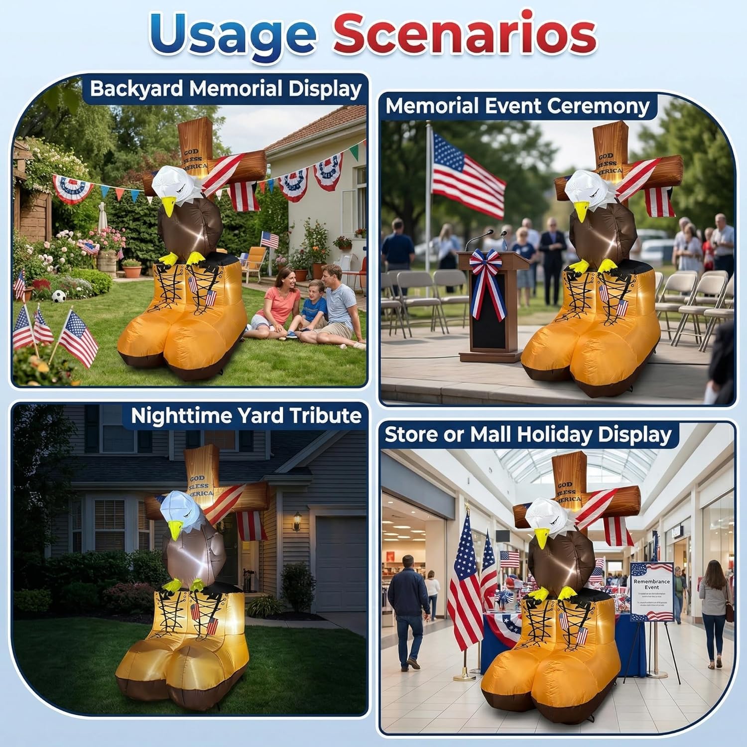 6FT Memorial Day Inflatables Eagle with Boots and Flag Cross Patriotic Blow Up Decorations LED Lighted Outdoor Memorial Day Decor for 4th of American Patriotic Independence Day Decor