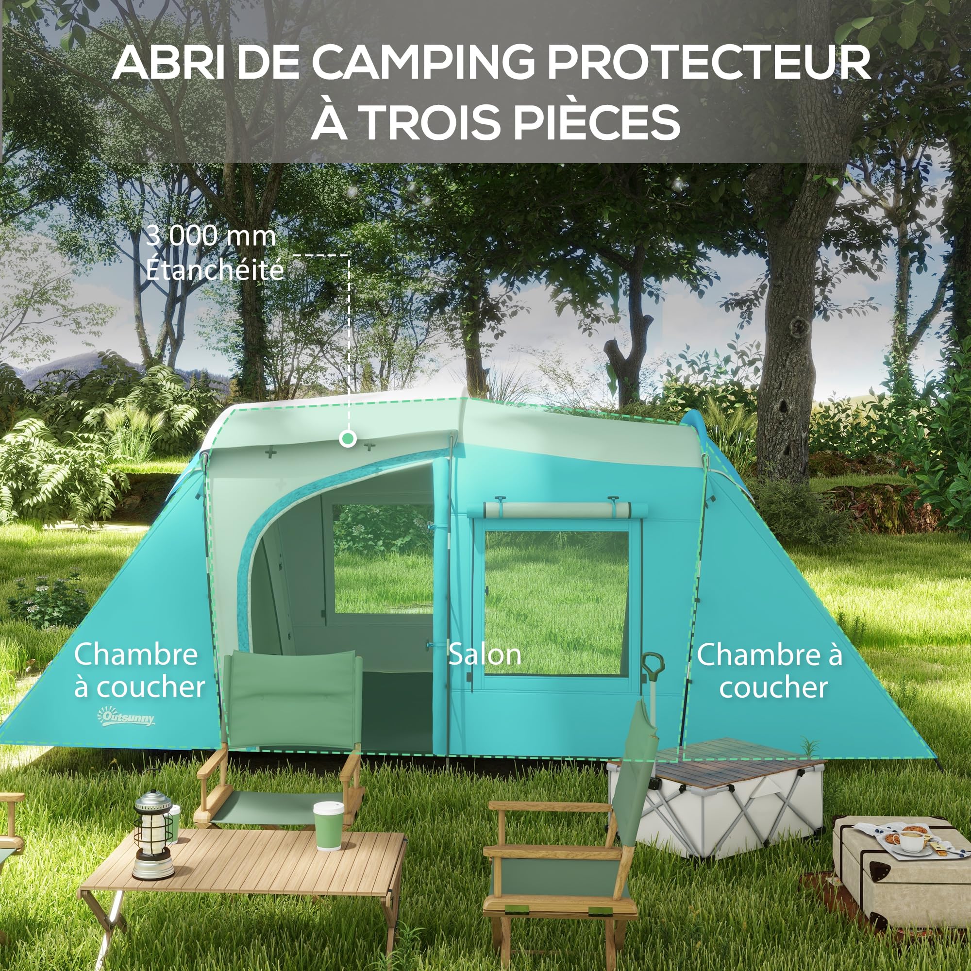 Outsunny Tente de Camping familiale pour 3-4 Personnes, Tente Tunnel avec 2 Chambres, 4 Portes et 4 fenêtres, Sac de Transport, imperméable, 460 x 220 x 175 cm, Bleu
