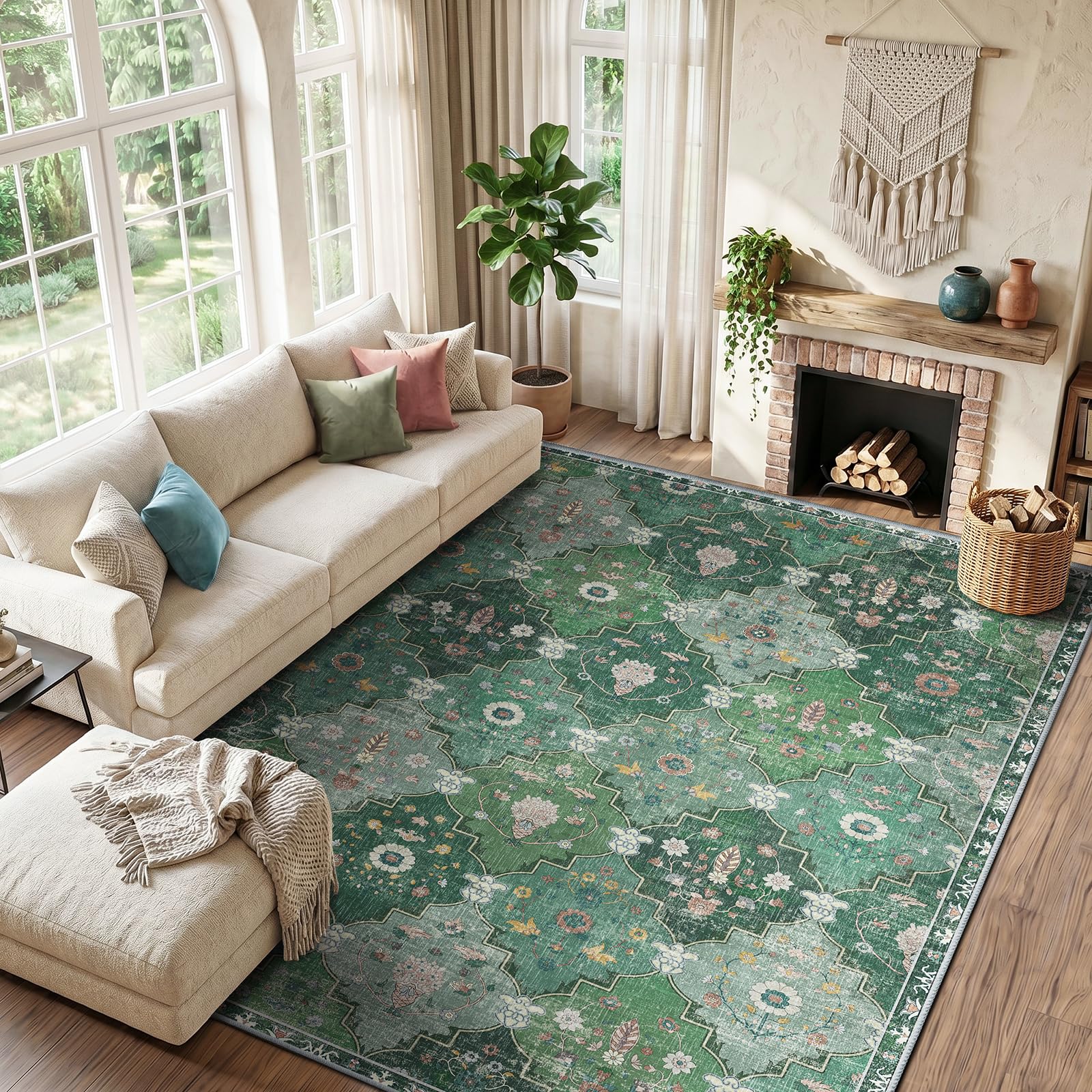 INOVADAY Boho Rugs Living Room 160x230 cm Vintage Washable Rug Darkgreen