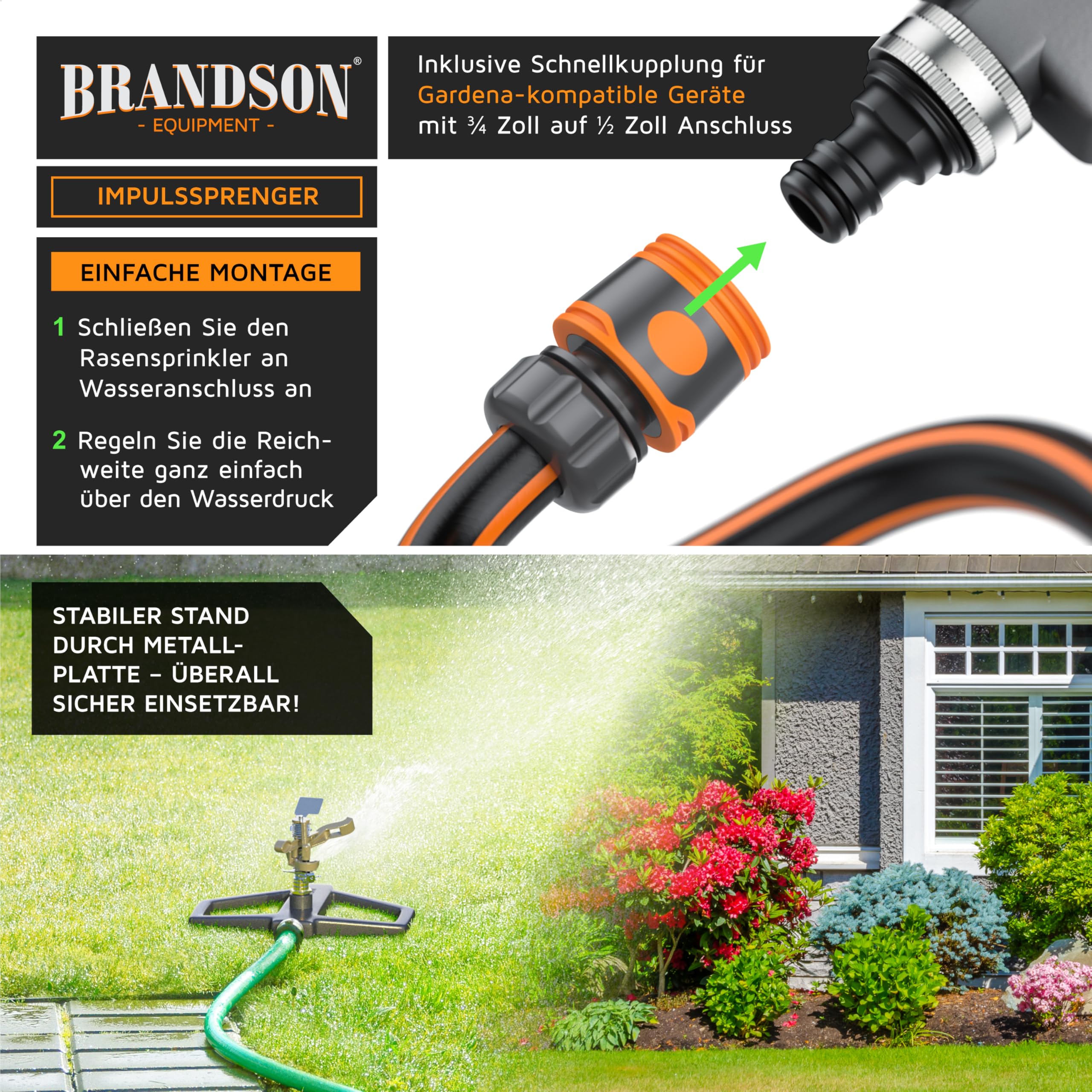 Brandson - Rasensprenger Impulsregner Metall – Intervall Sprinkler – Kreisregner – große Flächen bis 314 m2 – 20 m Reichweite - Bewässerungssystem – Schnellkupplung 3/4 Zoll auf 1/2 Zoll