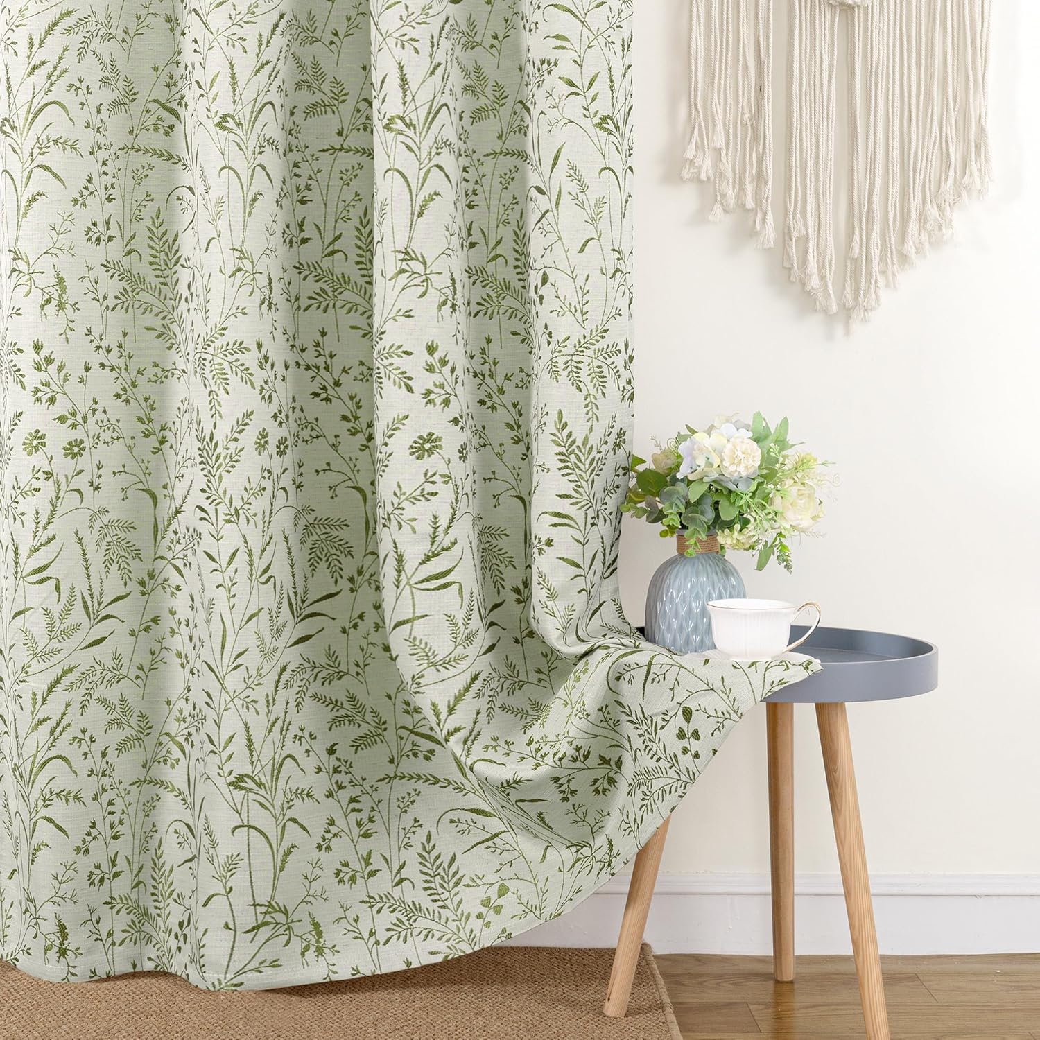 BGment Green Leaf Linen Curtains for Living Room 84 Inch Length, Botanical Branch Floral Patterned Cottage Core Farmhouse Vintage Linen Curtains Light Filtering Window Drapes, 52 x 84 Inch, Sage Green
