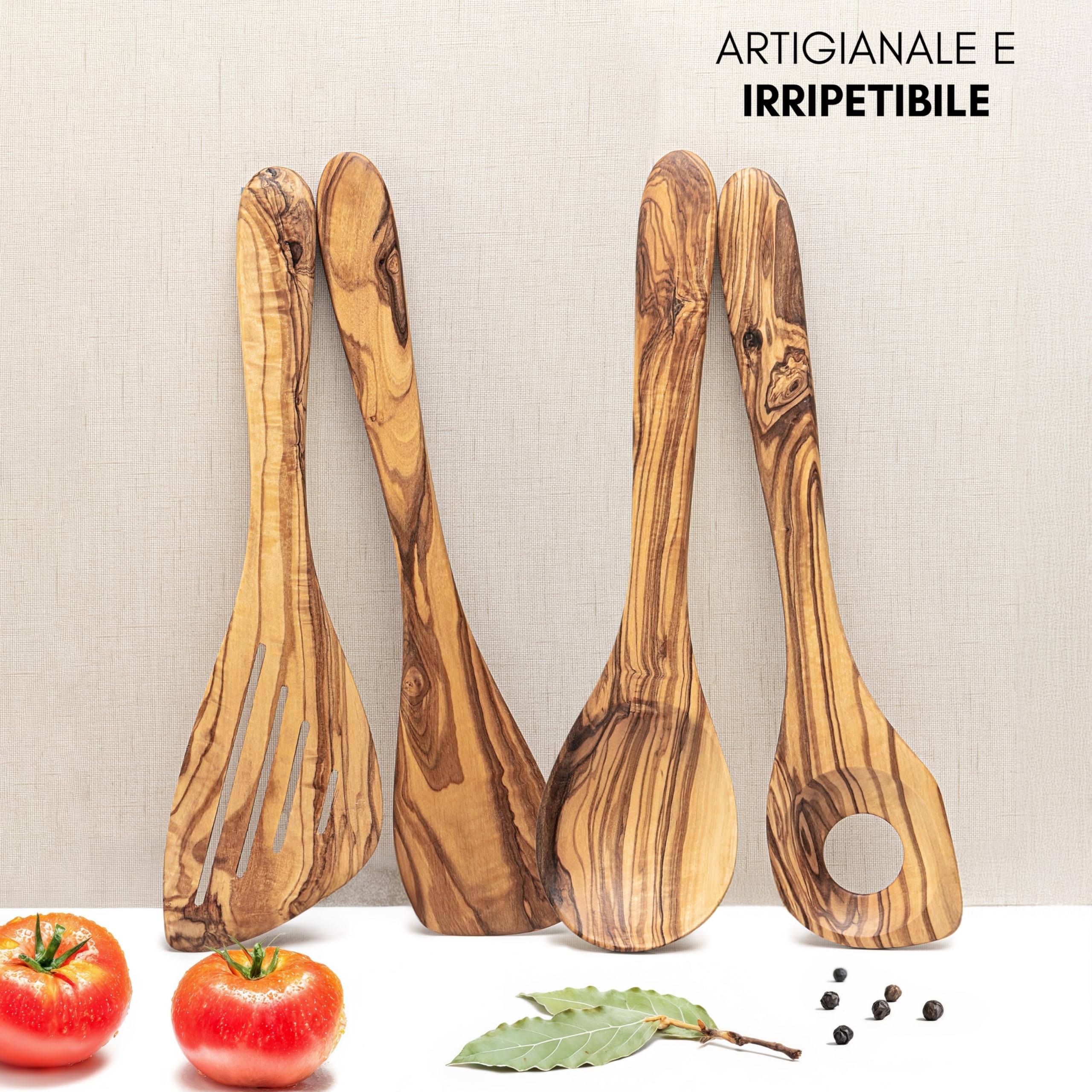 Erreke Set Utensili Cucina Legno, Realizzati a Mano in Ulivo Mediterraneo, Set Mestoli Cucina Legno, Cucchiaio, Spatola, Mensolo, Resistenti al Calore e Durevoli, 4 Pezzi