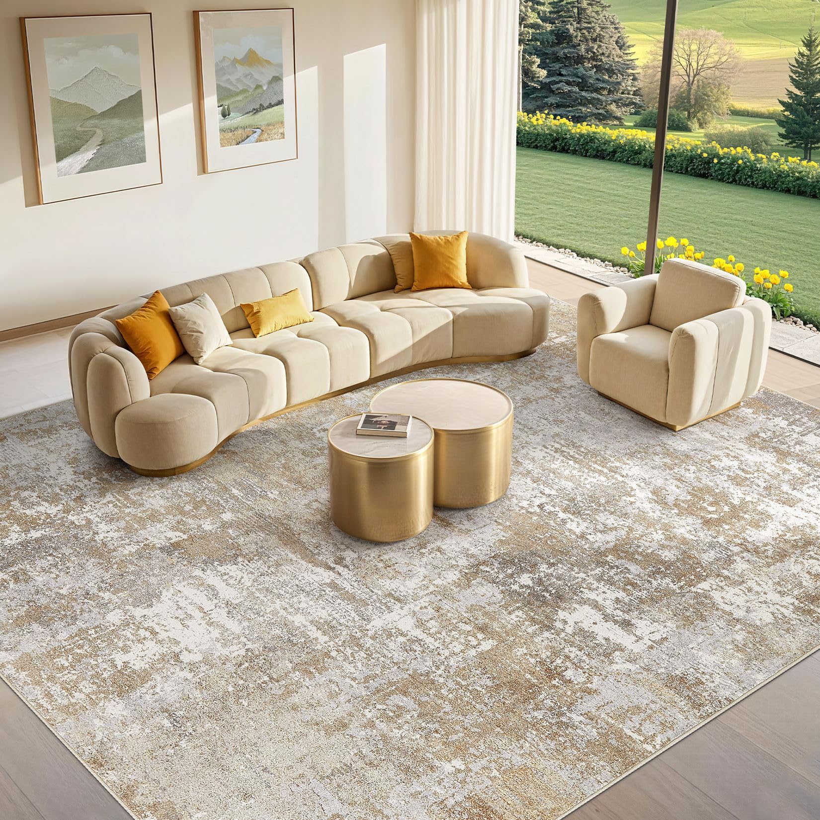 Tortania Washable 7x9 Area Rug for Living Room: Modern Abstract Neutral Large Soft Thin Rugs - Non Slip Indoor Carpet for Bedroom Dining Room Office