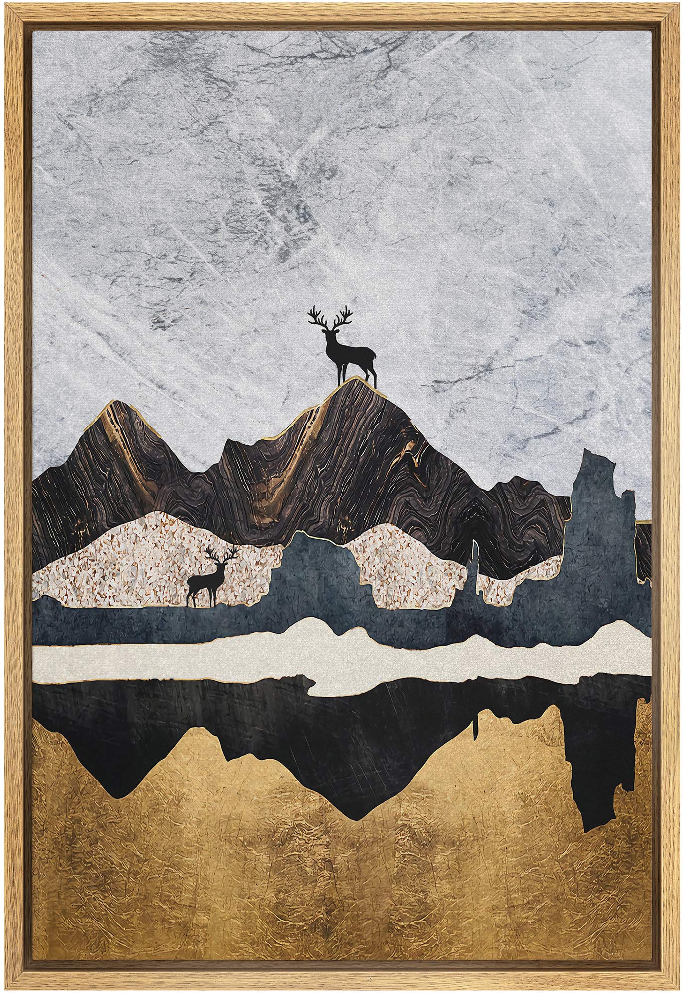 SIGNFORD Framed Canvas Print Wall Art Elk Duo on Dark Marble Effect Mountains Abstract Wilderness Illustrations Modern Art Contemporary Scenic for