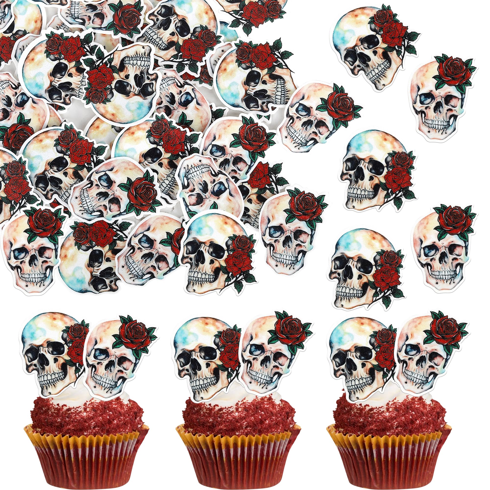 Xsstarmi 40 Pack Edible Halloween Skull Cupcake Toppers Edible Wafer Paper Skull Cake Decorations for Horror Theme Baby Shower Birthday Halloween Party Cake Decorations