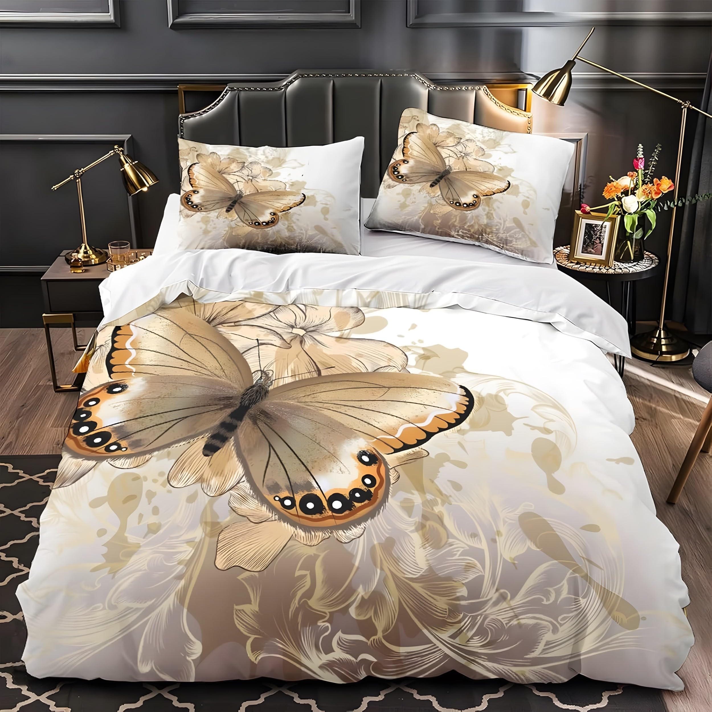 YZQGLHP Golden Butterflies Long Double Duvet Cover Set 200x220cm Scrollwork Soft Microfiber Bedding, Lightweight Quilt Cover with Zip Closure & 2 Pillowcases 50x75cm