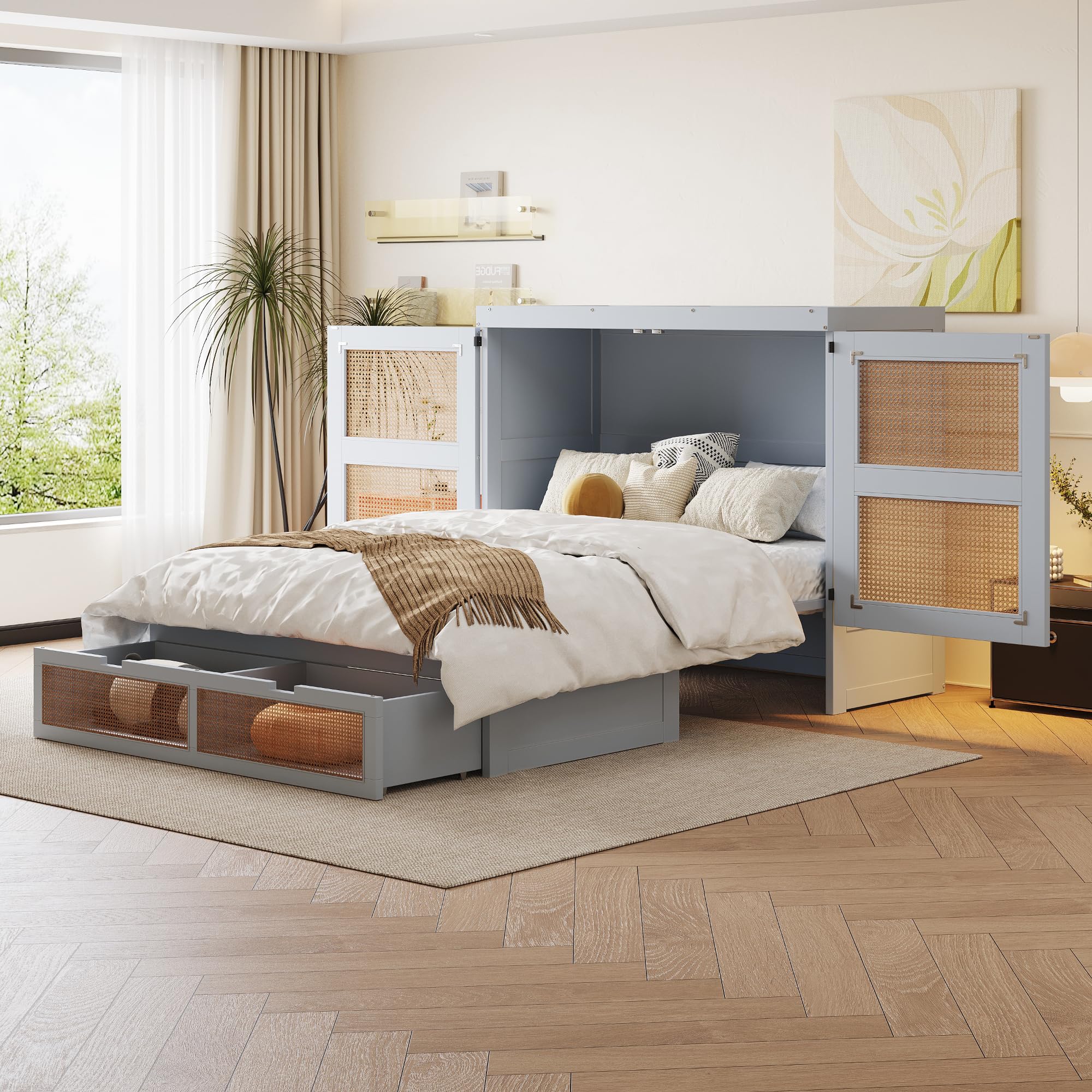 Schrankbett 140x200- Wandbett mit Lattenrost - Schrank mit Klappbett - Wandklappbett - Murphy Bed - Bettschrank, vertikales Schrankbett, Jugendbett, ohne Matratze,Grau