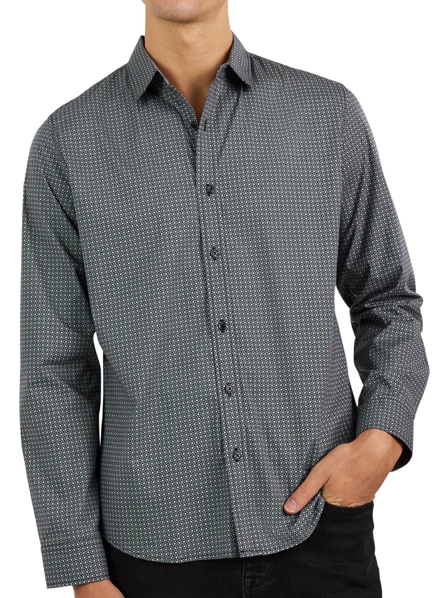 DKNY Men's Long Sleeve Button Down Shirt - Printed Mens Casual Button Up Shirts, Black Diamond, S