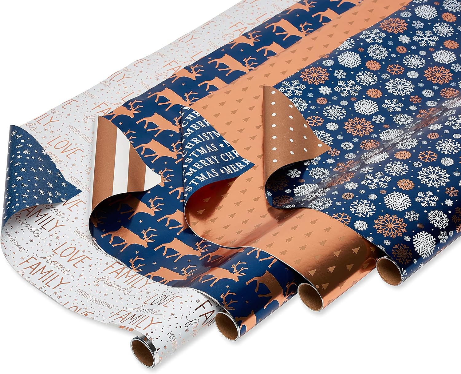 American Greetings 80 sq. ft. Reversible Blue Wrapping Paper Bundle for Christmas, Snowflake, Reindeer, Holiday Test (4 Rolls 30 in. x 8 ft.) Navy and Rose Gold Wrapping Paper