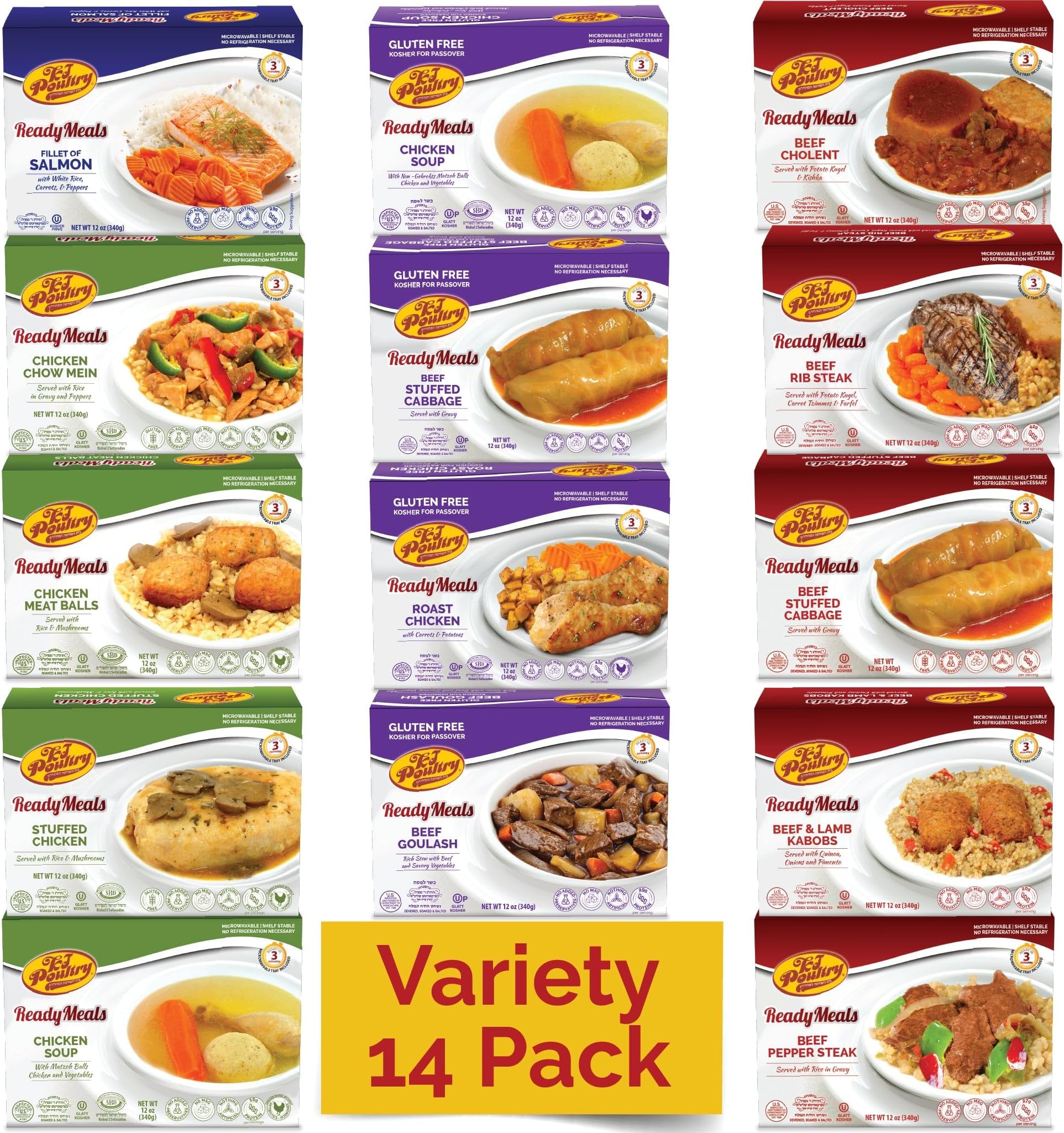 KJ Poultry Kosher Ready Meals - Chicken, Beef and Salmon Fish (14 Pack Variety) Prepared Entree Fully Cooked, Shelf Stable Microwave Dinner Travel, Military, Camping, Emergency Survival