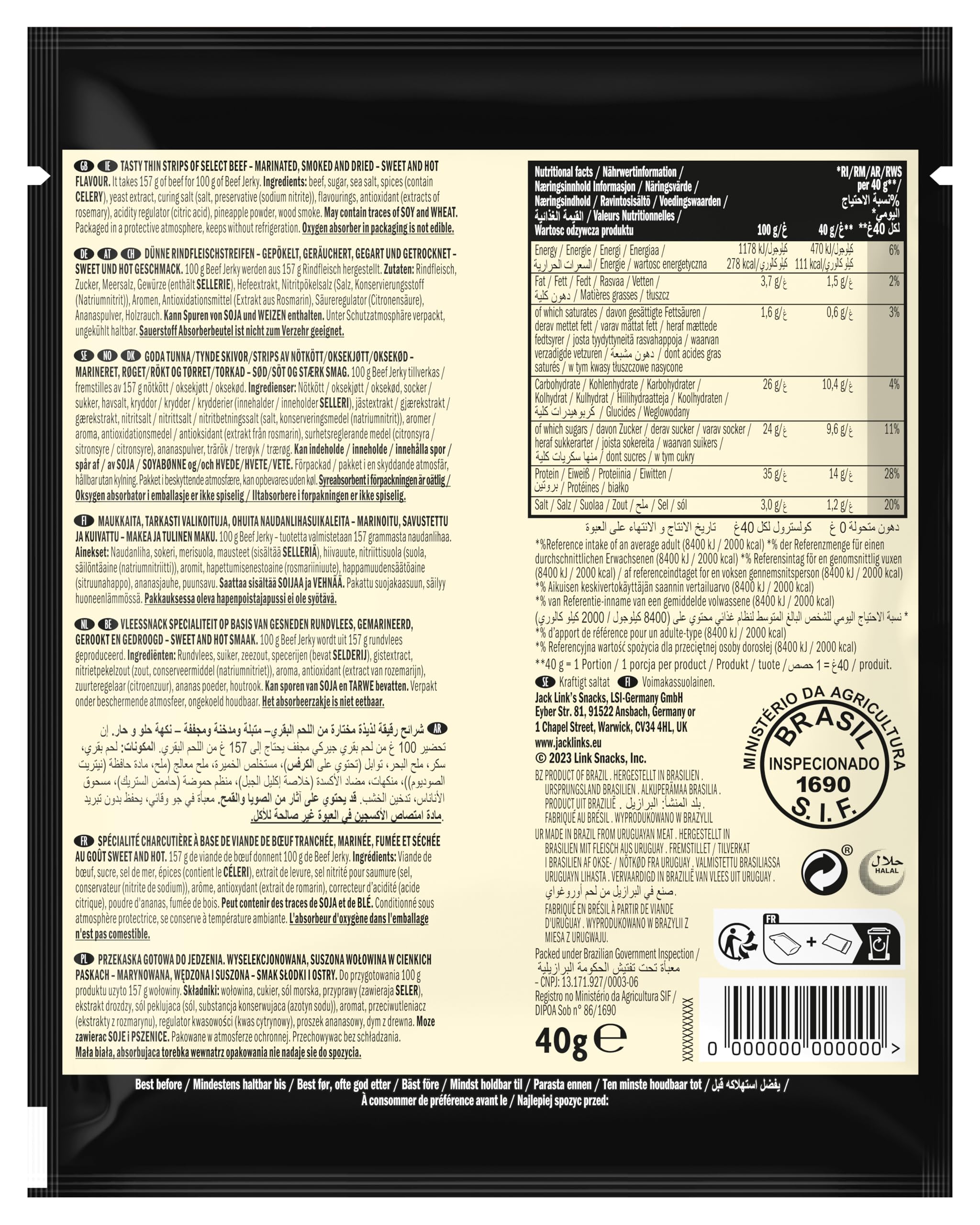 Jack Link's Beef Jerky Sweet et Hot Lot de 12 lanières de viande sèche de bœuf riche en protéines – 40 g – Viande déshydratée