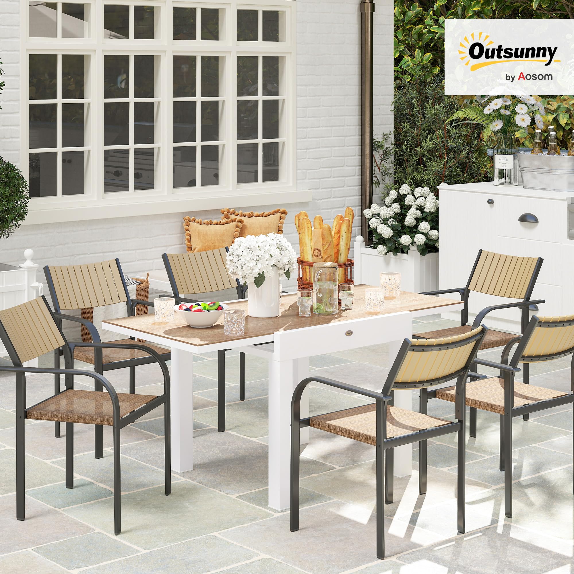 Outsunny Tavolo da Giardino Allungabile da 80/160x80x75 cm, Tavola da Pranzo Estensibile per 4-6 Persone Rettangolare in Alluminio con Piano in PSPC, Per Patio, Terrazzo, Balcone ed Esterno, Bianco