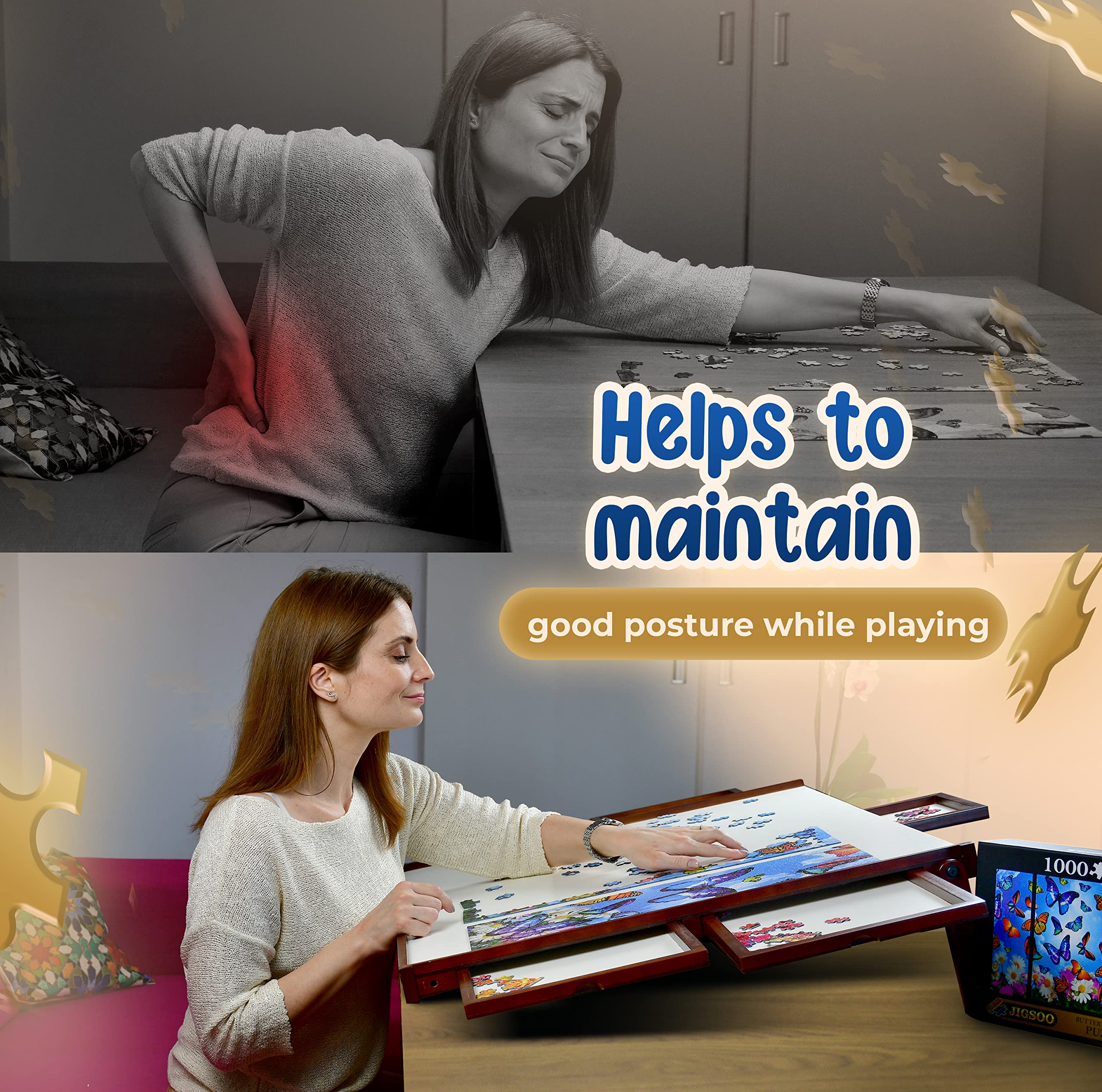 Jigsoo 1500 Piece Puzzle Board Wooden Jigsaw Puzzle Table and Saver