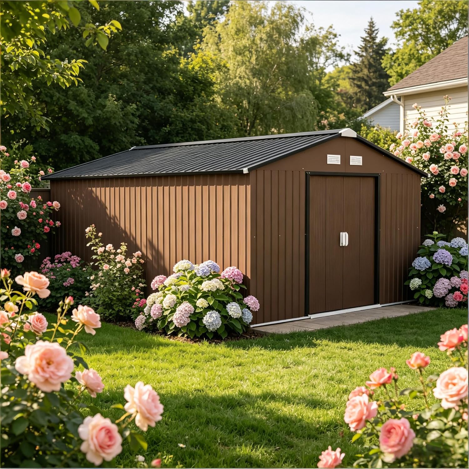 Metal Garden Shed with Double Sliding Doors, Galvanized Steel Outdoor Storage Shed for Tools and Equipment, Includes Foundation Kit for Easy Assembly