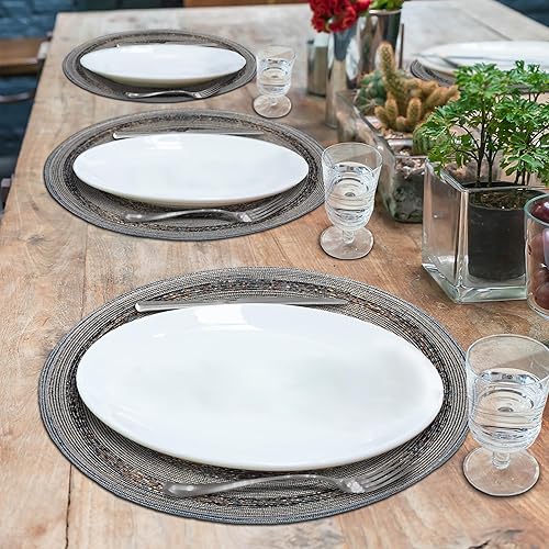 Miniatura 4 de Decozen Juego de manteles individuales redondos plateados con cuentas de vidrio de 8 a 14 pulgadas para platos de cena, manteles individuales hechos