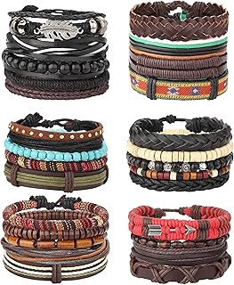 MILACOLATO 26Pcs Woven Braided Leather Bracelet for Men Women Hemp Cords Wood Beads Cuff Bracelets Adjustable Black