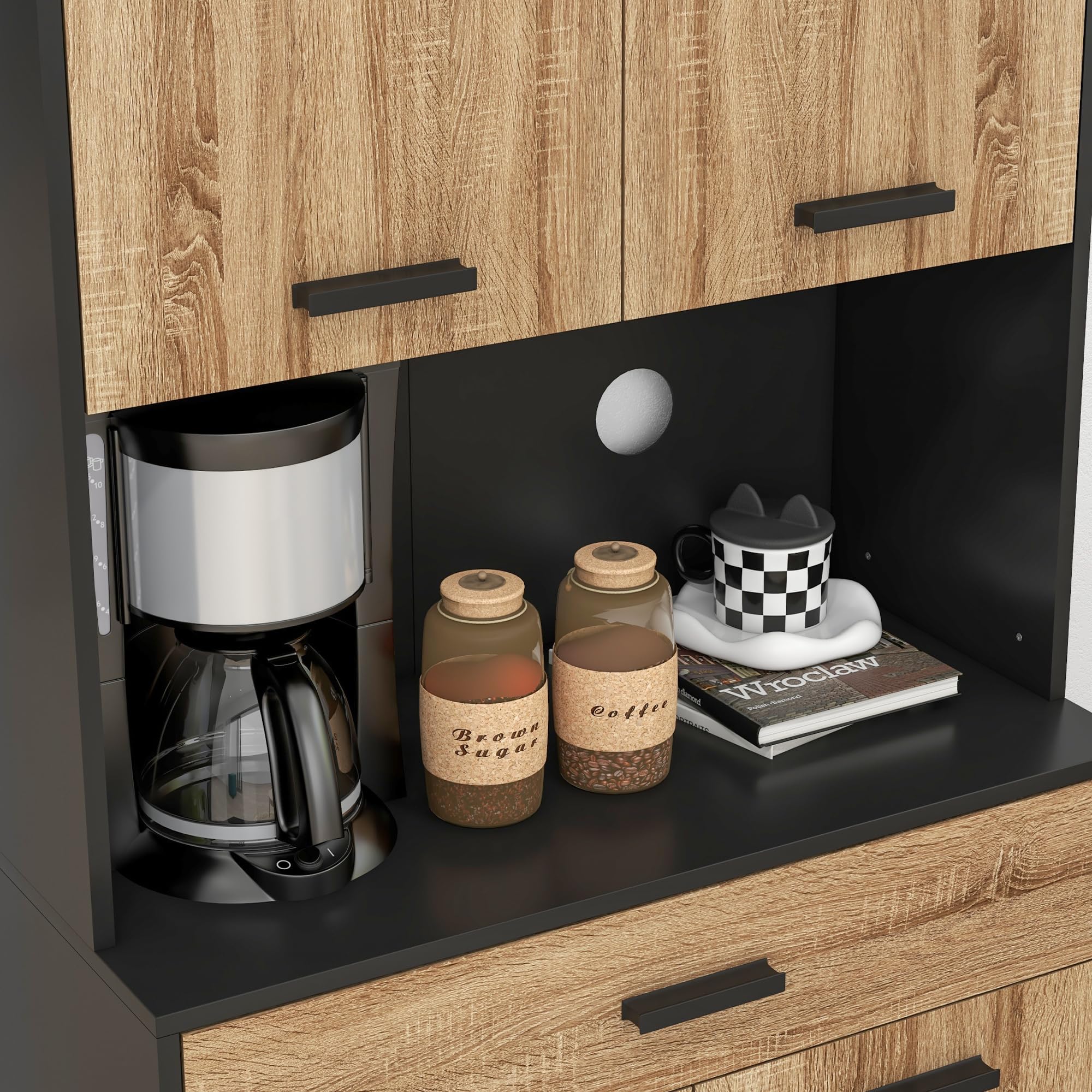 HOMCOM Armoire de Cuisine 4 Portes 1 Tiroir 80 x 40 x 180 cm Noir Naturel | Buffet de Cuisine, Meuble de Rangement, 2 Placards, Passe-Câbles, Design Industriel