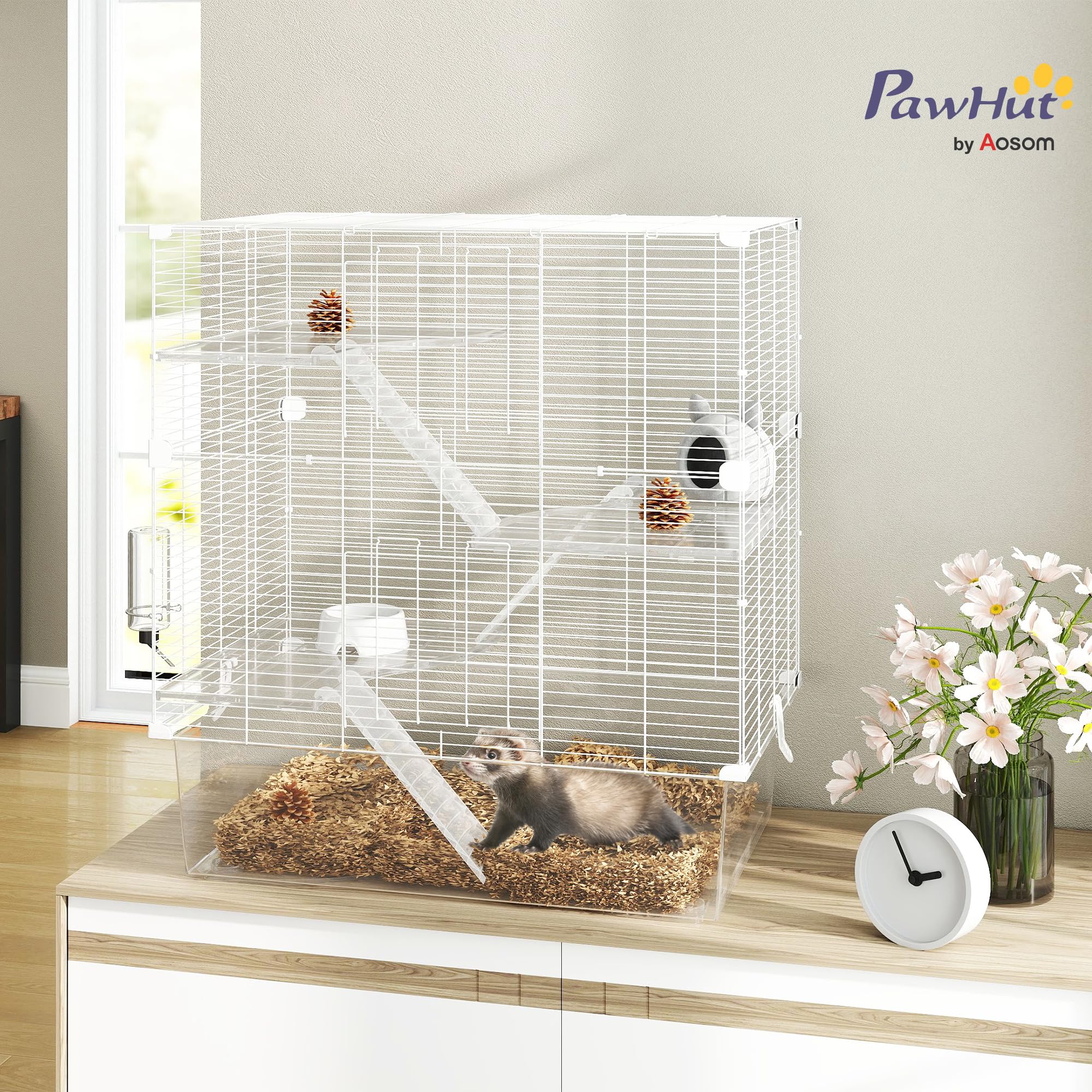 PawHut Gabbia per Roditori Multilivello con Accessori Inclusi, Gabbia per Criceti in Acciaio, PET e PS, 73x47x80 cm, Bianco