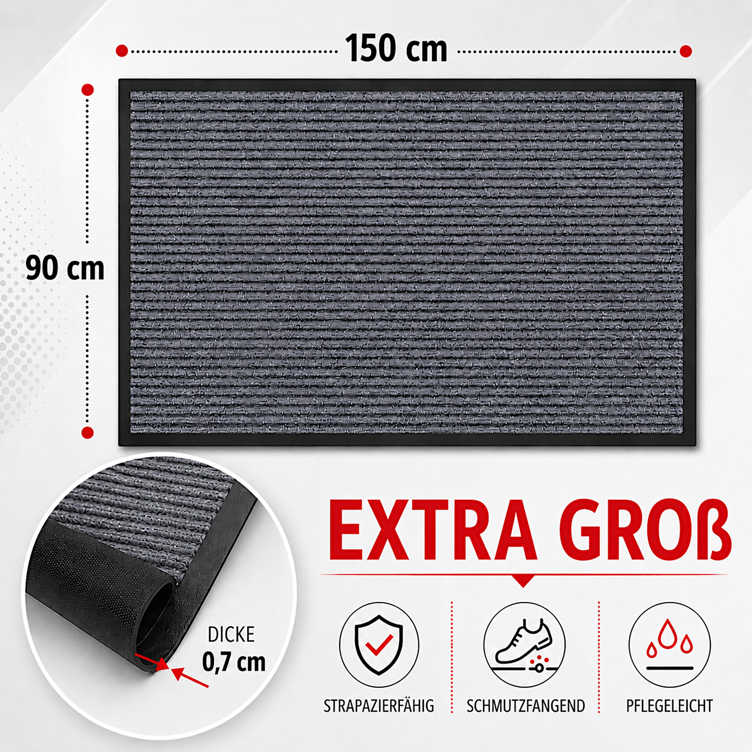 Fußmatte Grau 90x150 cm – Robuste, rutschfeste Schmutzfangmatte für Innen- und Außenbereich - saugfähige Türmatte aus Polypropylen und PVC