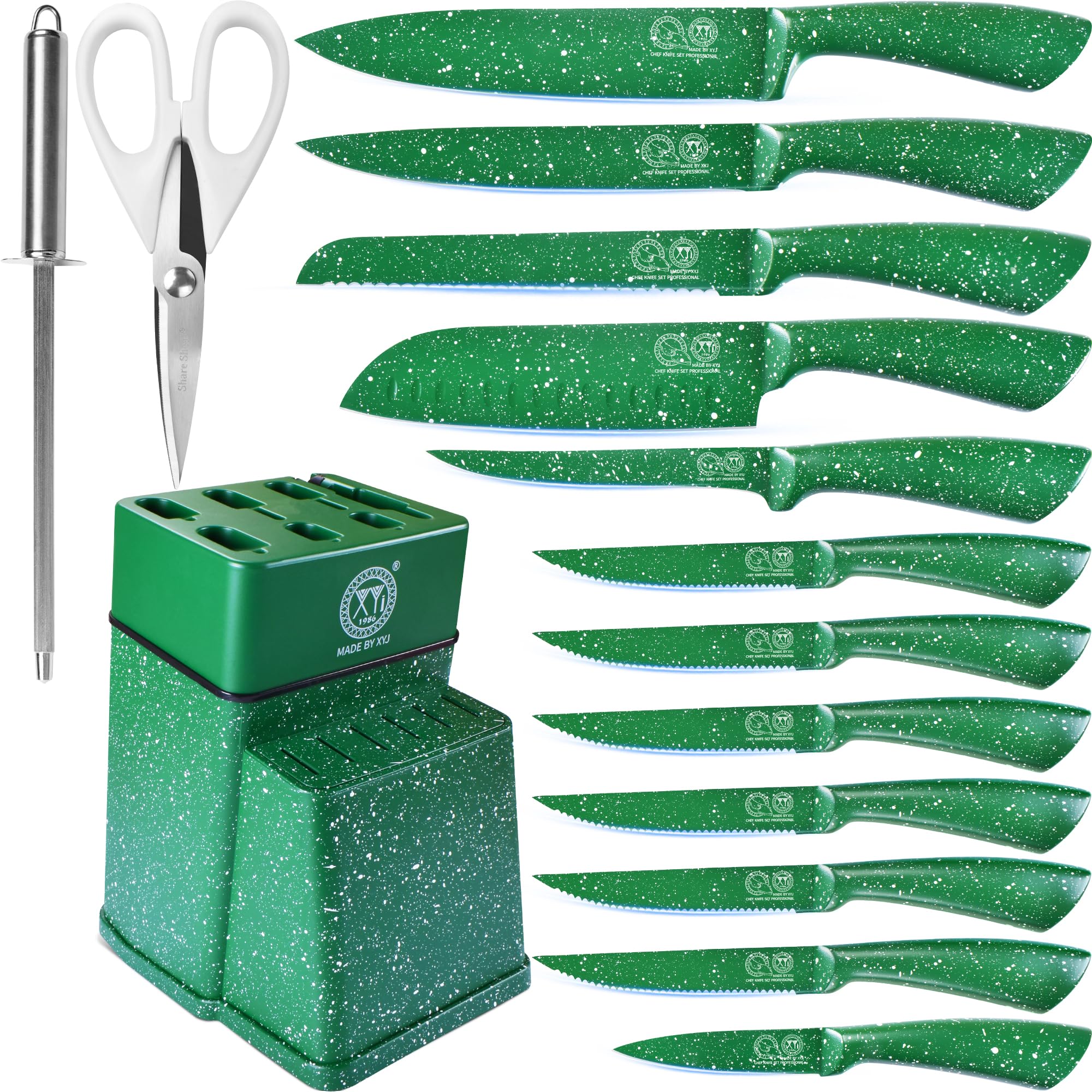 XYJ Authentic Since 1986 - Set di coltelli da cucina in acciaio inox con portacoltelli, manico verde, coltelli da cucina giapponesi, coltello da bistecca, coltello trinciante, coltello da pane