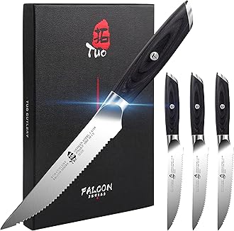 TUOSteak Knives - 4 Piece Steak Knife Set, Serrated Edge Steak Knives 5 inch Kitchen Knife - German High Carbon Stainless - Full Tang Pakkawood Handle - Falcon Series with Gift Box
