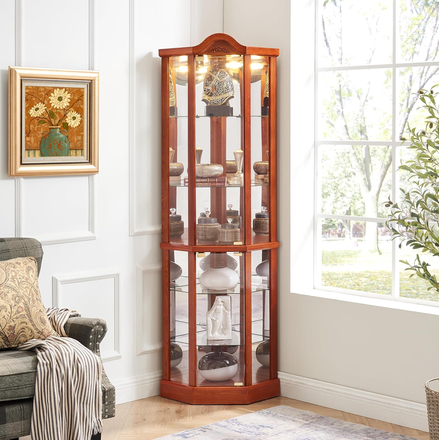 KEIKI 72" Corner Glass Display Cabinet with Adjustable Shelves, for Collectibles, Storage Curio Cabinet with Arched Floral Carving Decoration, 6-Tier Showcase Display Case, for Living Room, Cherry