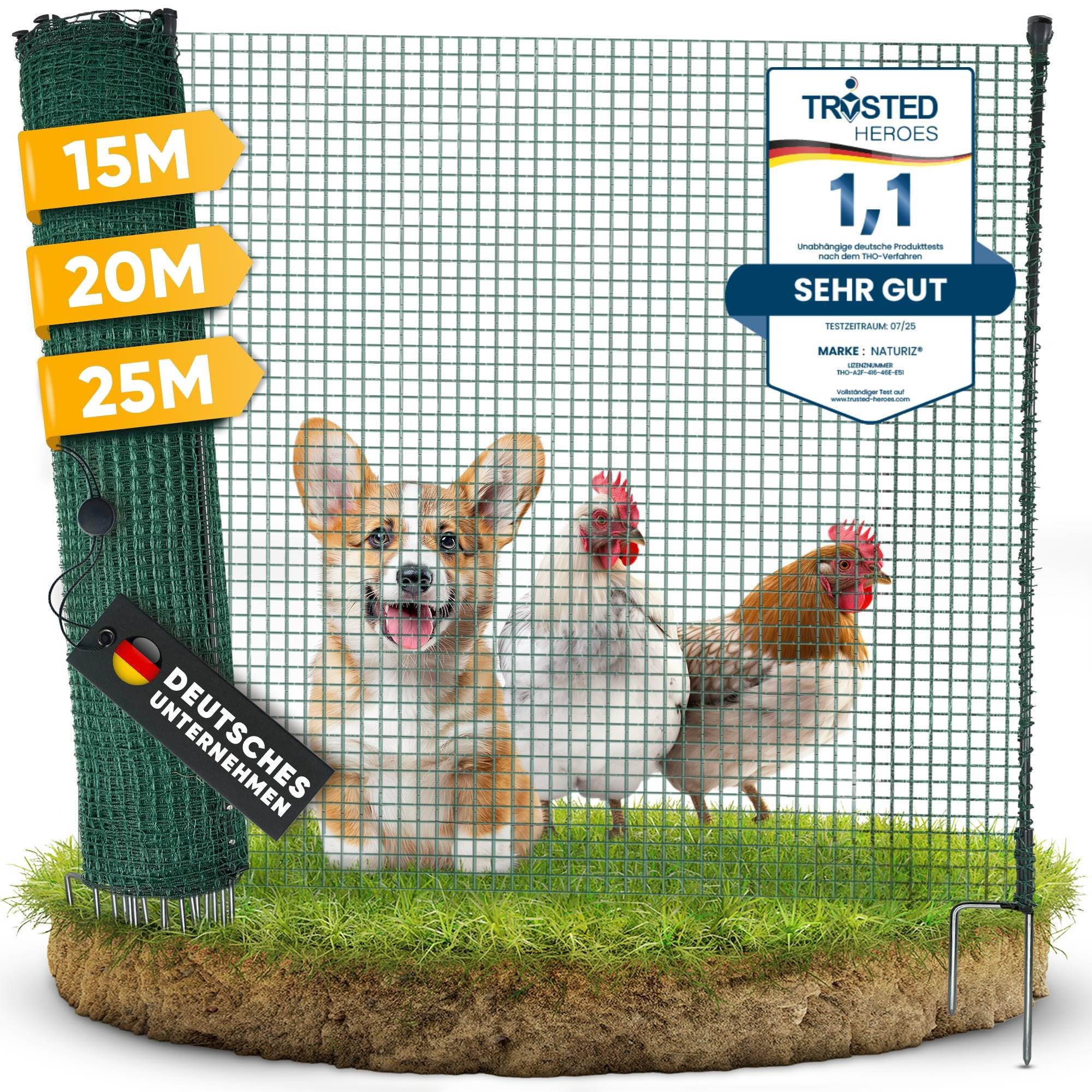 NATURIZ® Weidezaun & mobiler Hundezaun 25m - Camping Zaun für Hunde ohne Strom, Begrenzungszaun, Gartenzaun, Hühnerzaun extrem stabil, 90cm hoch (25m)
