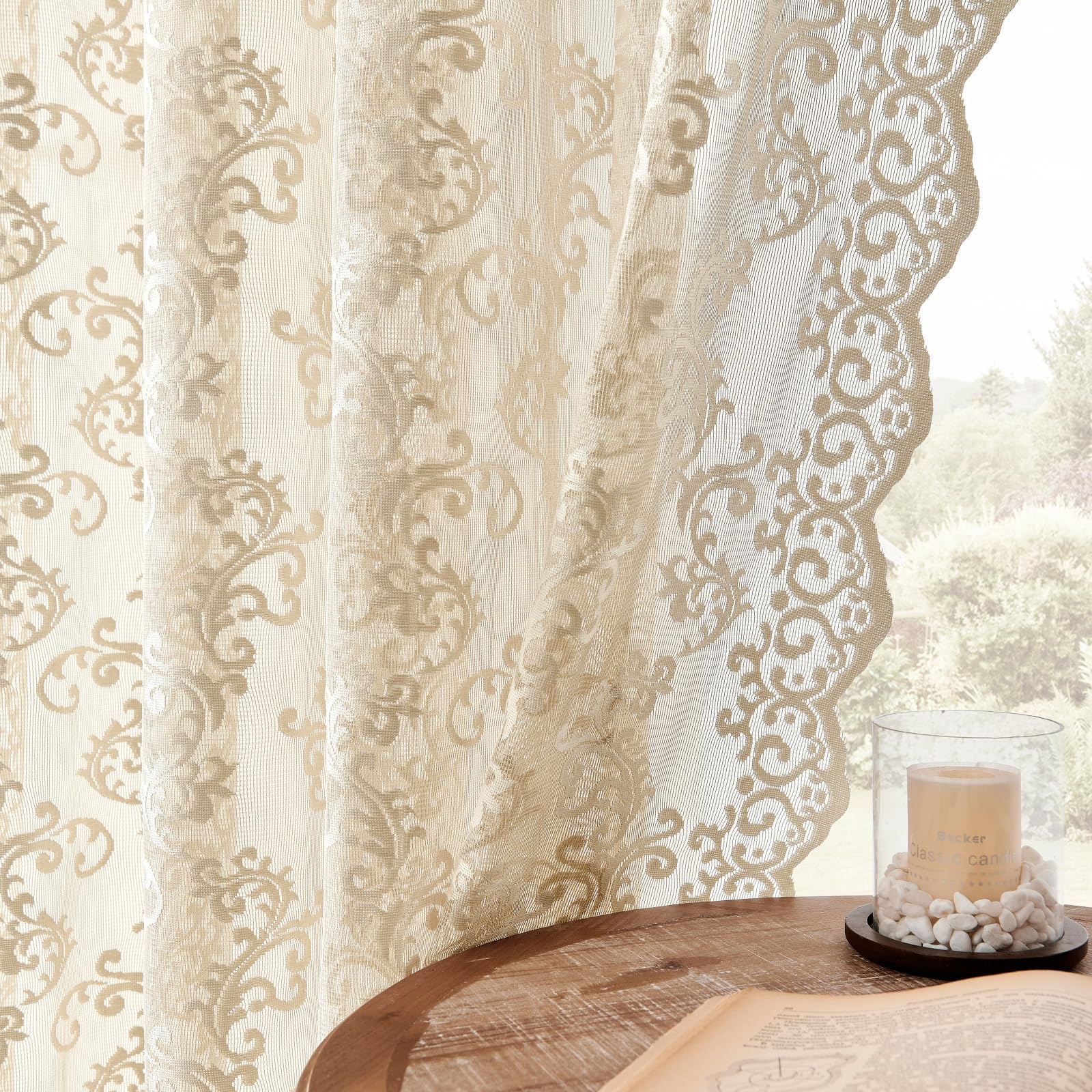 FOLKSIDE Beige Lace Curtains - 63 Inch Length, 2 Panels Set - Victorian Floral Sheer Curtains for Living Room & Bedroom - Rod Pocket, Light Filtering,