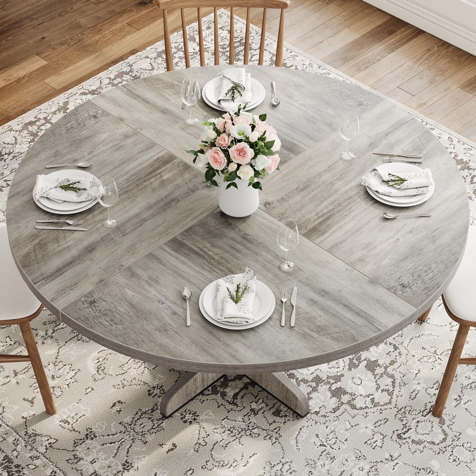 GarveeLife Table Ronde 120cm, Table à Manger Bois 4-6 Personnes, Gris