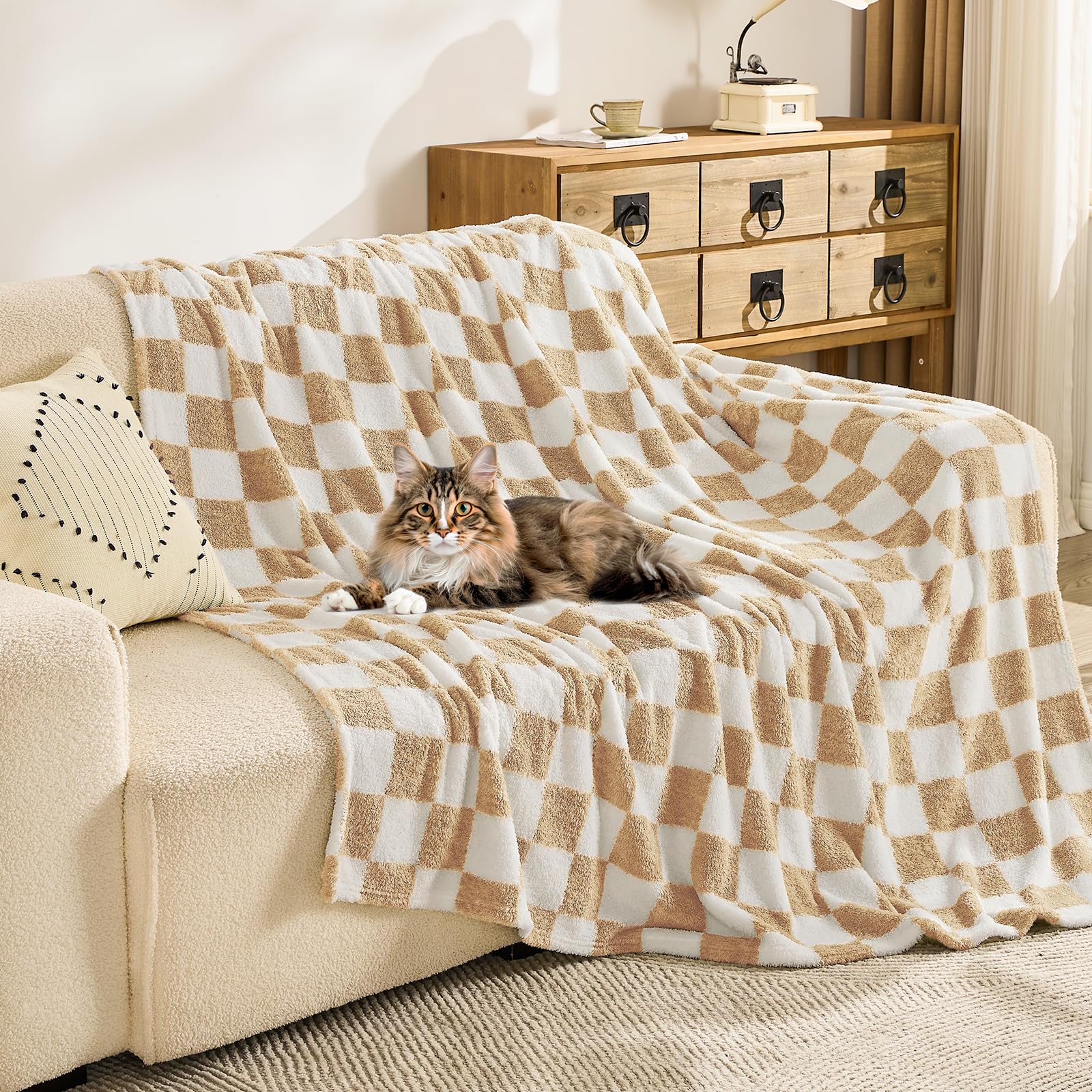 Coperta Plaid A Quadri Morbida 150x200 Cm - Ideale Per Divano, Letto E Picnic, Beige - Foto 11