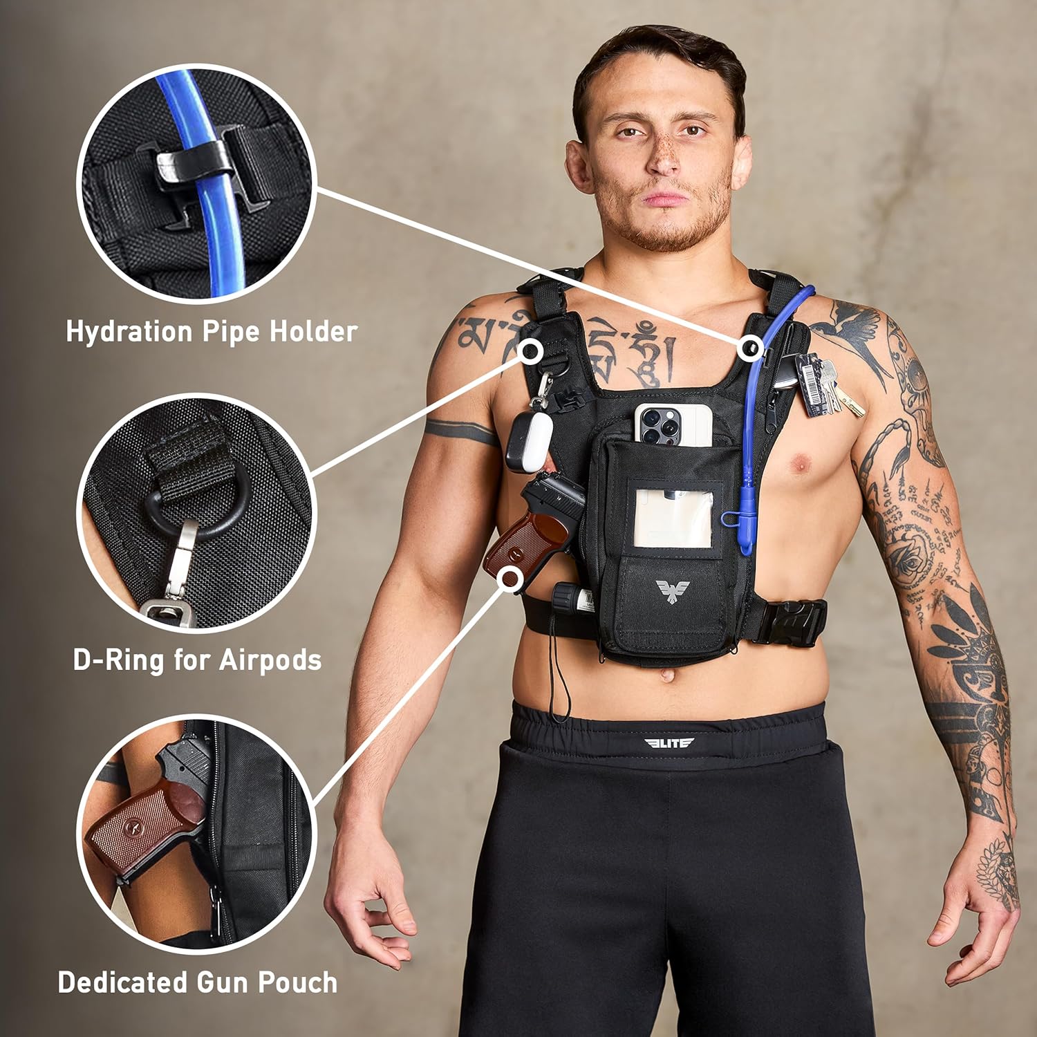 Elite Hydra Running Chest Pack w/ Gun Holster, Phone Holder Touch Friendly, Camera Pocket for Men/Women Lightweight Hydration Vest Chest Rig w/ Water Bladder for Marathon, Cycling, ADV Camping, Skiing