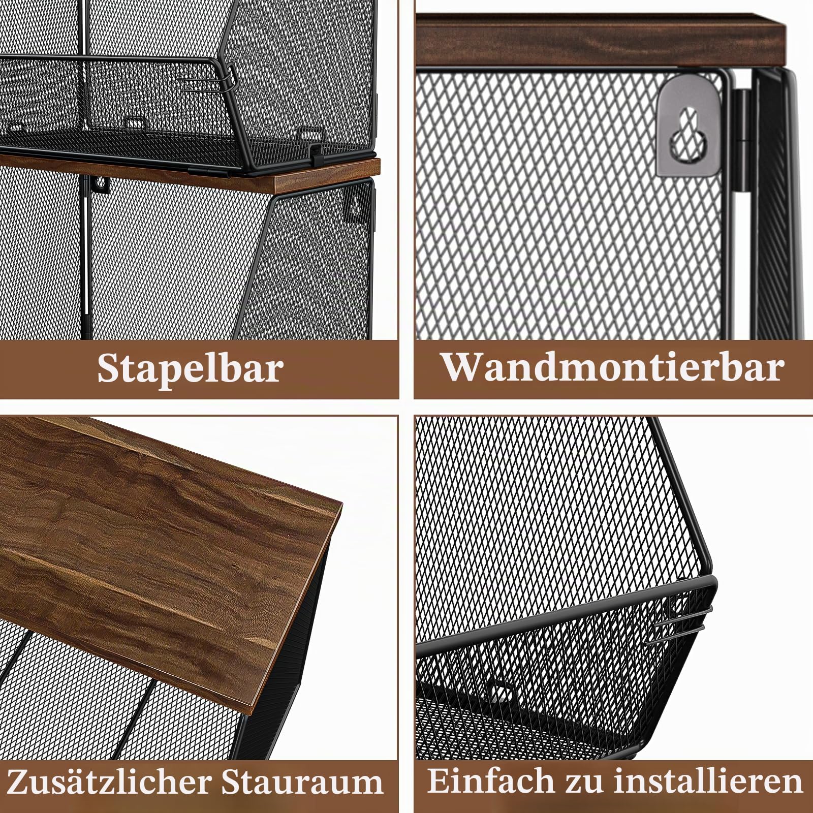 Litwaro Stapelbare Obstkorb zur Platzersparnis auf der Küchenarbeitsplatte, metallischer Drahtkorb mit Netz aus Gitterdraht zur Wandmontage mit Holzdeckel für zusätzlichen Stauraum, 2er-Pack