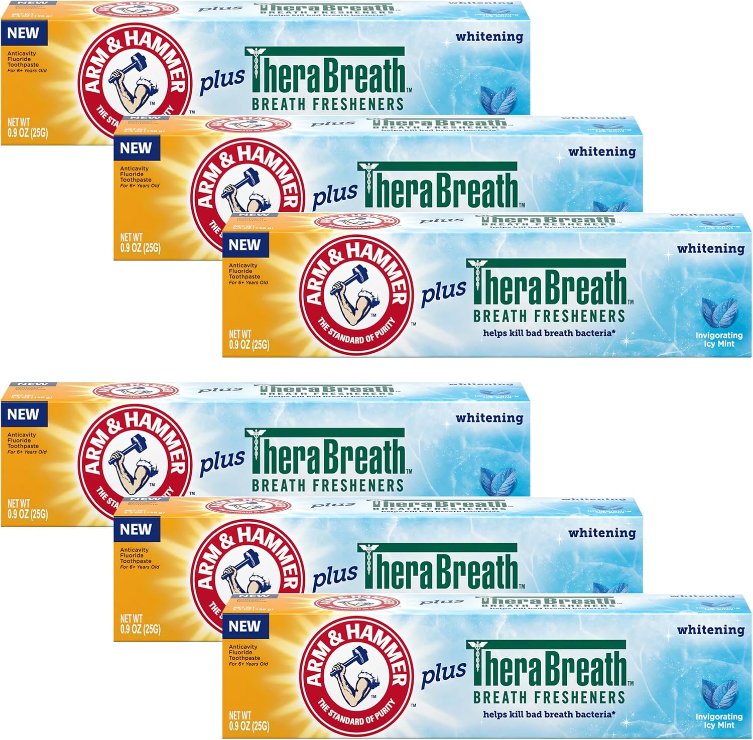 ARM & HAMMER Toothpaste Plus Thera, 6 Pack, ICY Mint, Anticavity Fluoride Toothpaste with Baking Soda, Whitening Enamel Strengthening Toothpaste, Travel Size 0.9 Oz