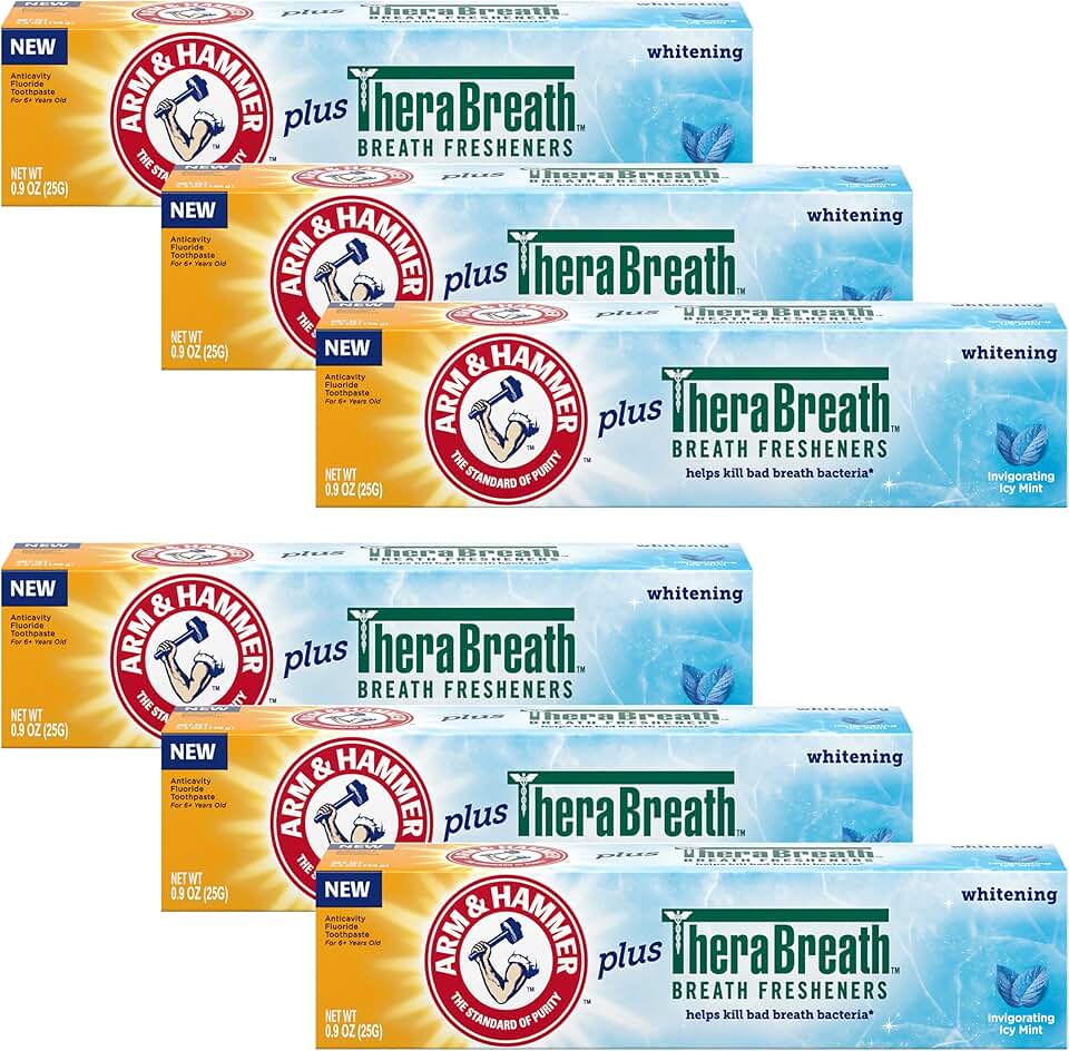 Arm & Hammer Arm & Hammer Creme Dental Plus Thera, Pacote Com 6, Icy Mint, Creme Dental Anticáries Com Flúor E Bicarbonato De Sódio, Creme Dental Clareador E Fortalecedor Do Esmalte, Tamanho Para Vi