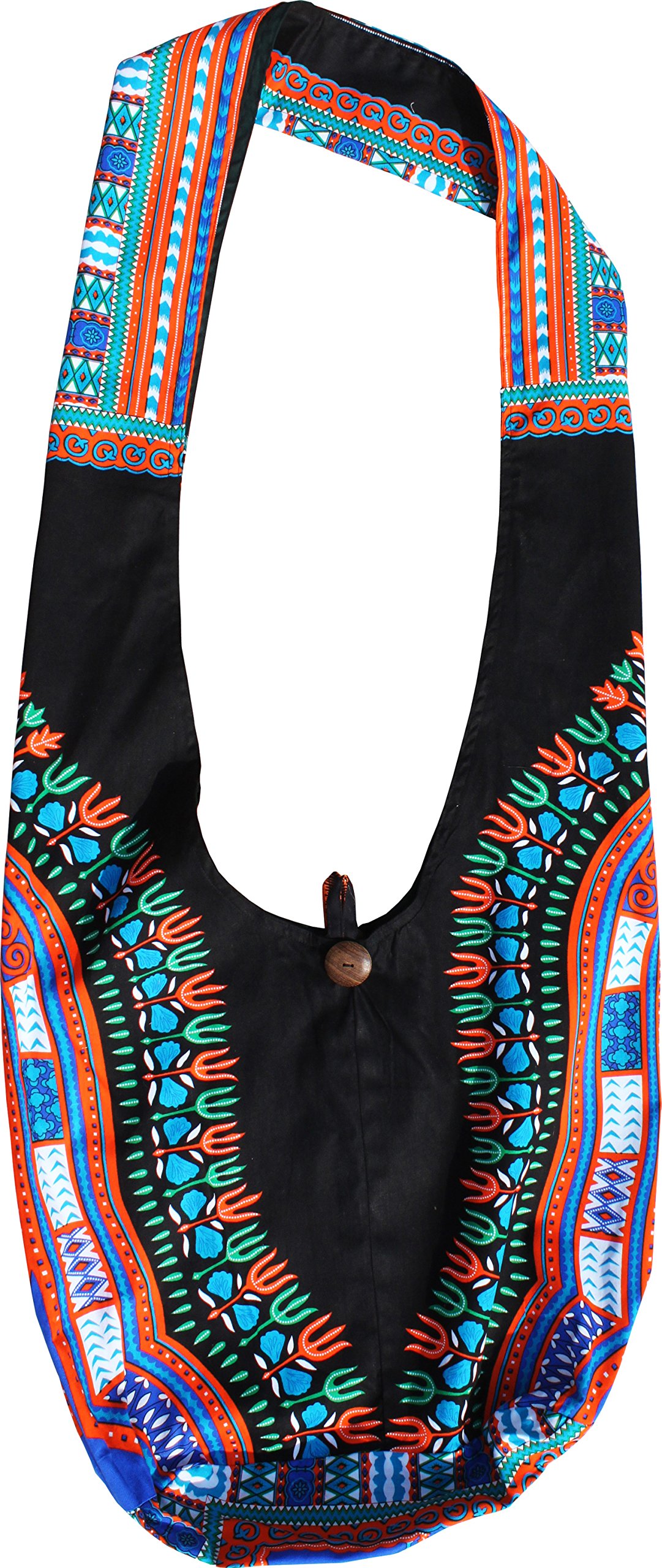 RaanPahMuang Brand Two Colour Reversible African Dashiki Sling Cotton Carry Bag, Large, Dark Green - Black Orange