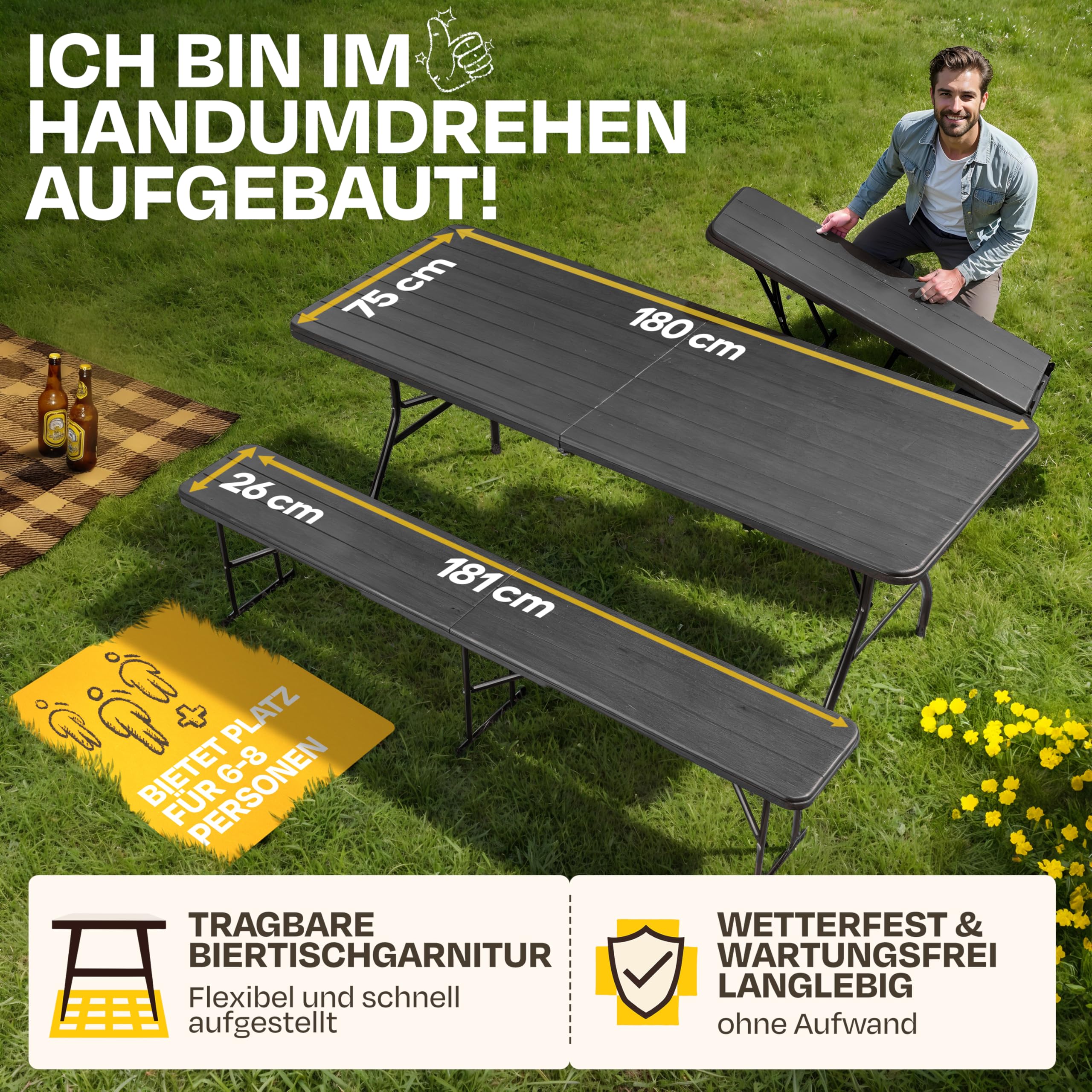 Ondis24 Biertischgarnitur Lisa Campingtisch 2X Bierbank 1x Biertisch Sitzbank klappbar Bierzeltgarnitur 3tlg. einfach transportabel mit Tragetasche (Anthrazit, XL)