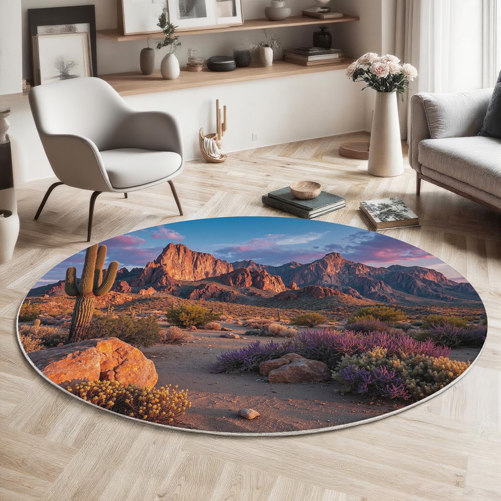 Tapis rond orange 160cm motif désert et cactus poil ras pour salon chic