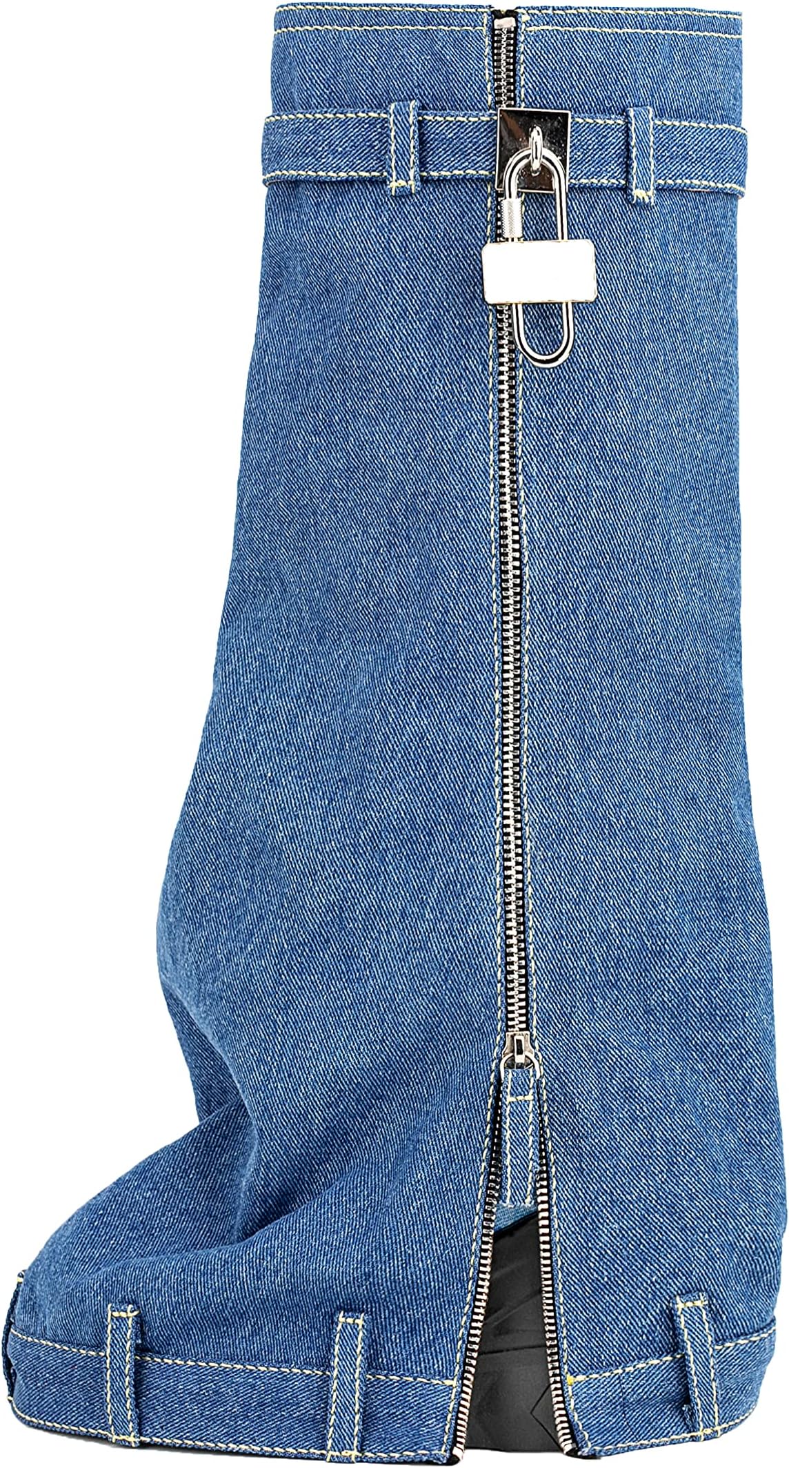 AtuelangWomen's Denim Boots Padlock Fold Over Knee High Platform Boots Pull-On Tall Jean Boots