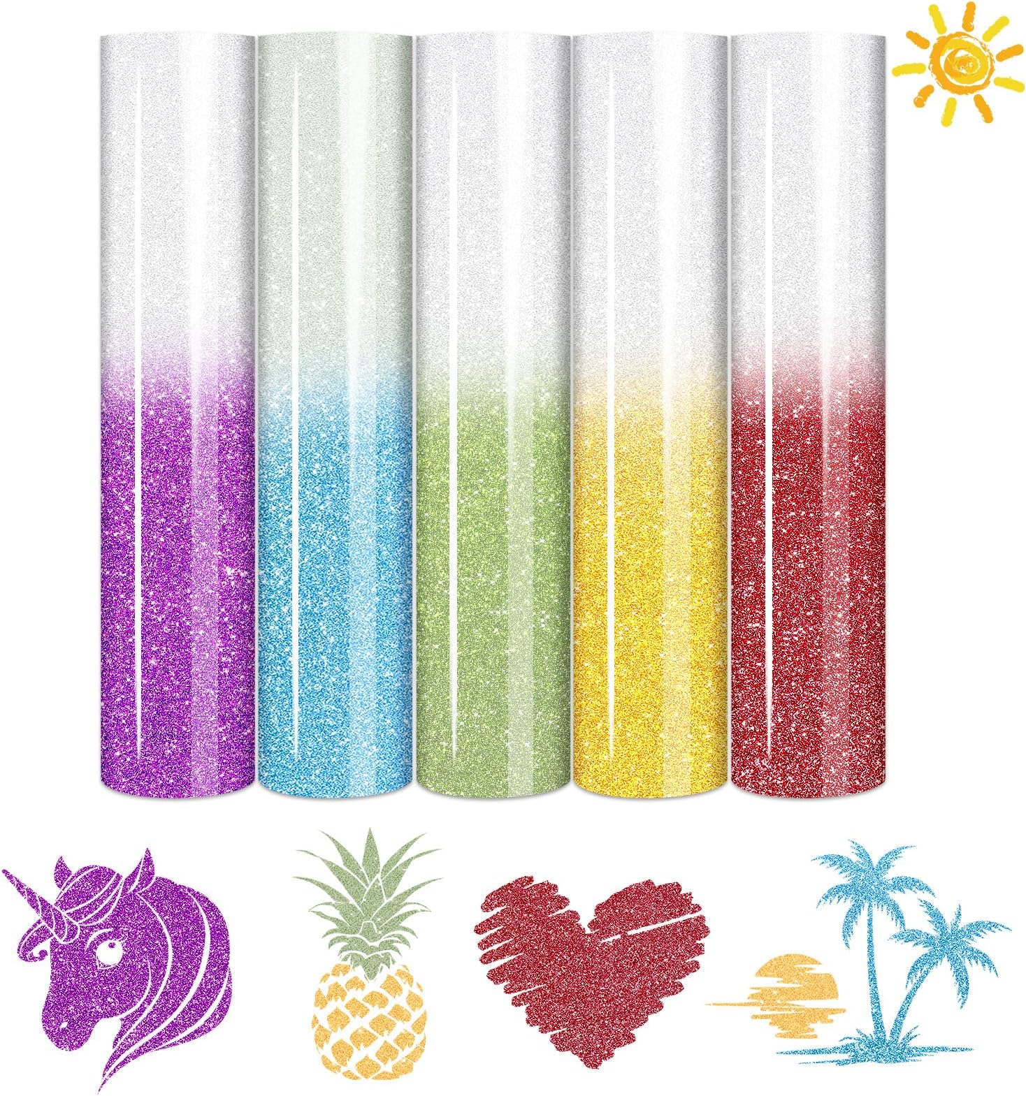 Color Changing Glitter HTV Vinyl - 5pcs 12'' x 10'' Glitter UV Color Changing Heat Transfer Vinyl Sunlight Sensitive Glitter Iron on Vinyl for T-Shirts
