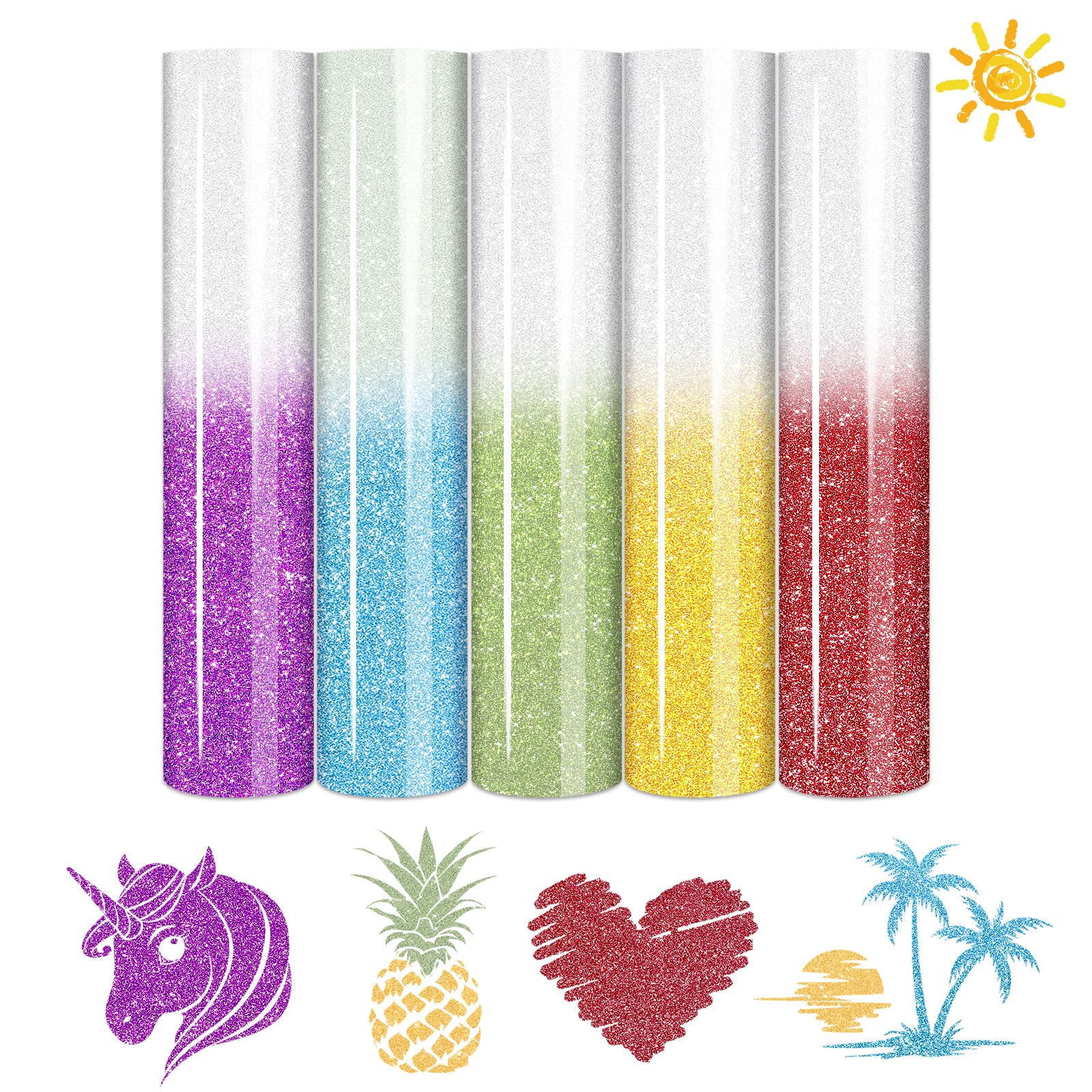 Color Changing Glitter HTV Vinyl - 5pcs 12'' x 10'' Glitter UV Color Changing Heat Transfer Vinyl Sunlight Sensitive Glitter Iron on Vinyl for T-Shirts