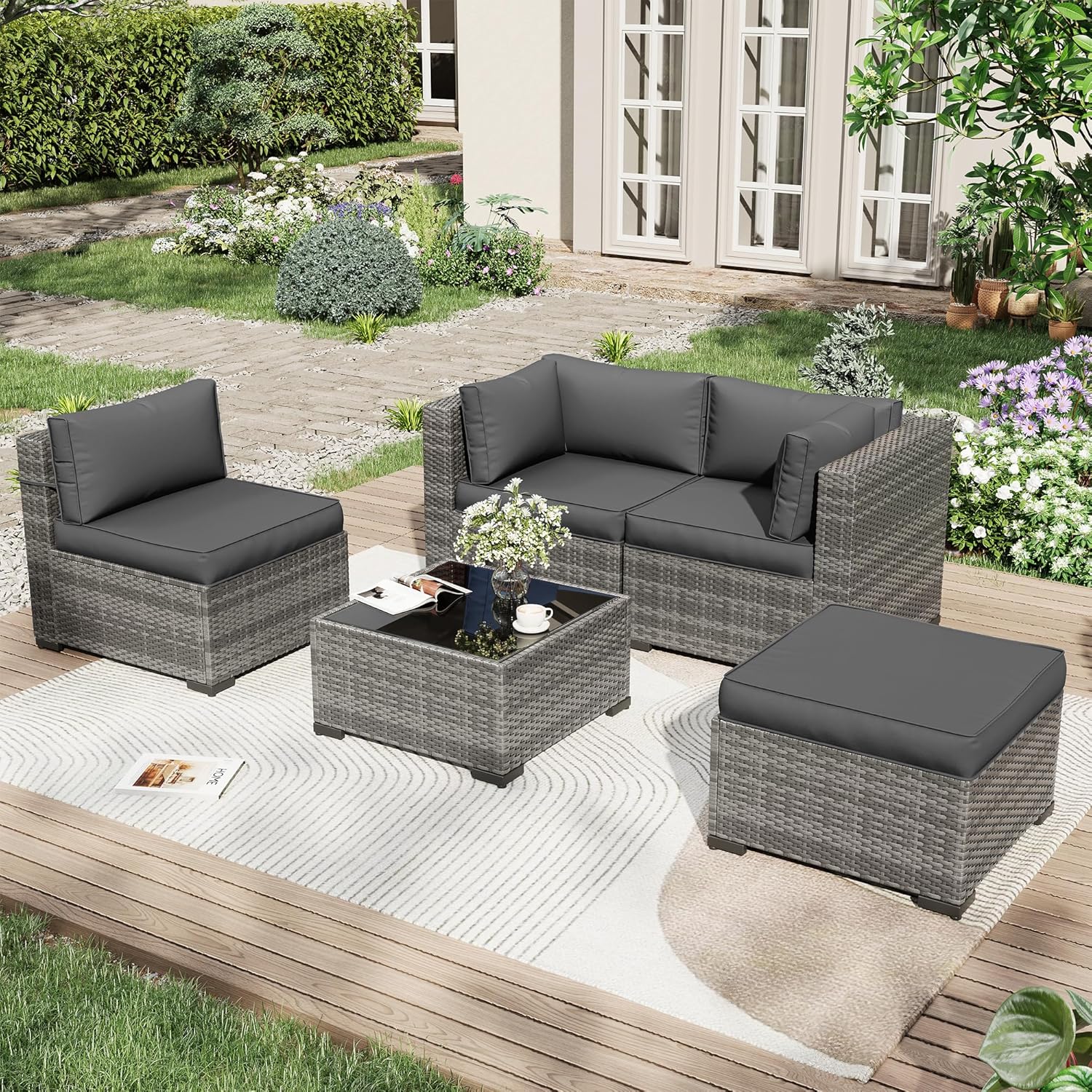 Amopatio Outdoor Chair Cushions 9 Pieces with 4 Cushions and 5 Pillows, Waterproof & Fade Resistant seat Cushions for 4-seat Patio Furniture, Outdoor sectional Sofa Couch, Dark Grey