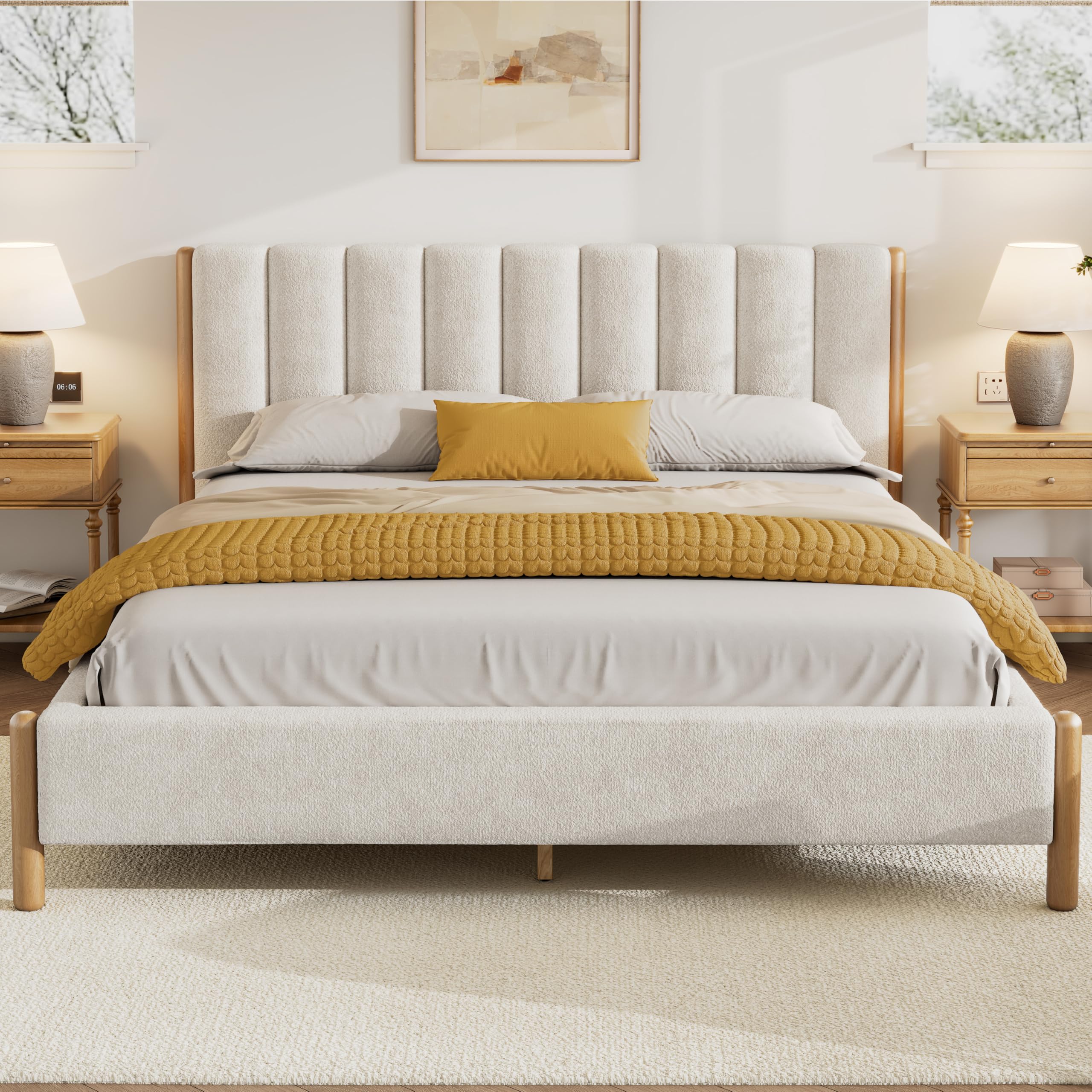 Christopher Knight Home Llanett Queen Size Bed Frame, Boucle Fabric Upholstered Platform Bed with Vertical Stitching Headboard, Wooden Support and