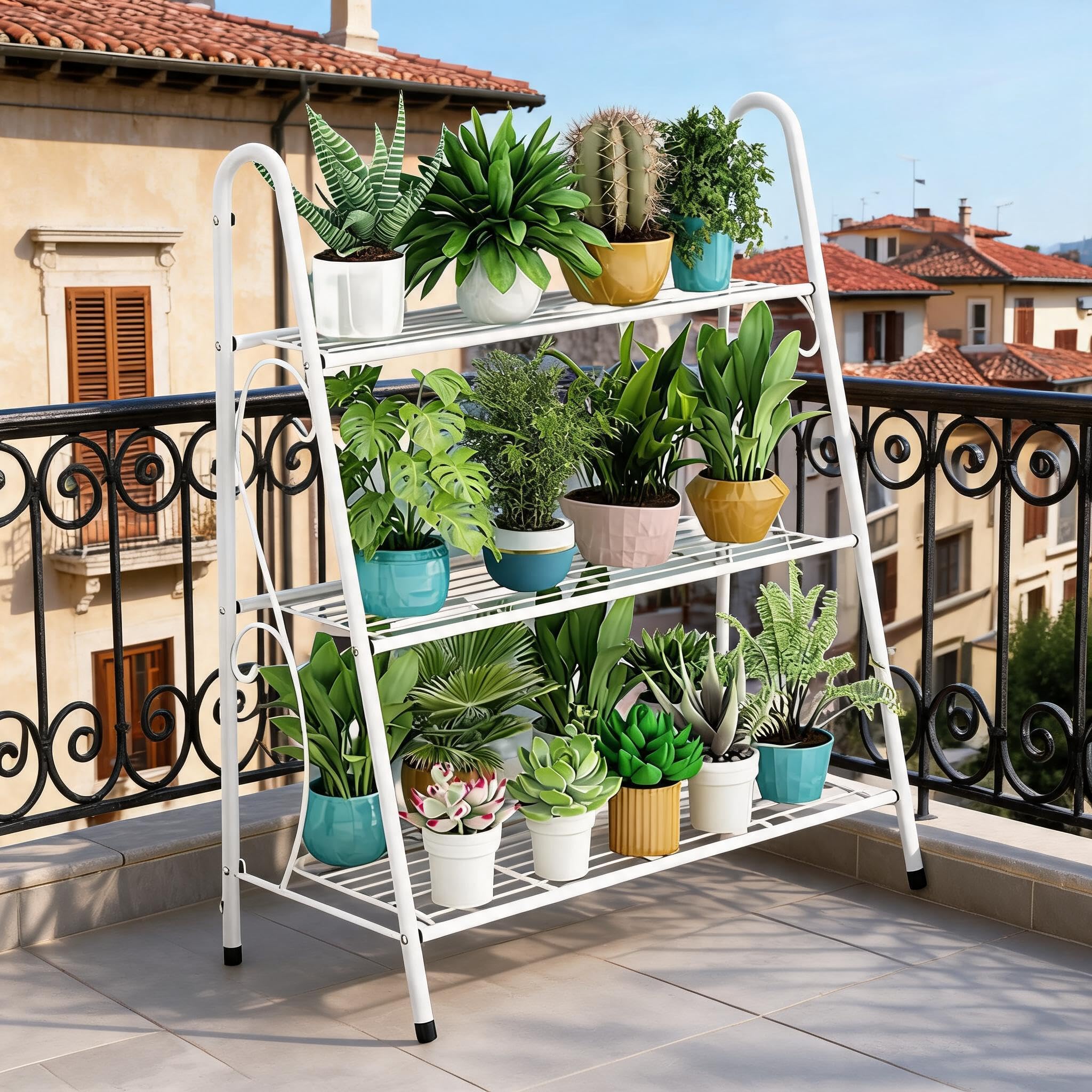 Garvee Portapiante da Interno ed Esterno in Metallo a 3 Ripiani, Supporto per Piante a Scala con Rivestimento Protettivo, Scaffale Portavasi Antiruggine Opaco per Balcone e Soggiorno, Bianco