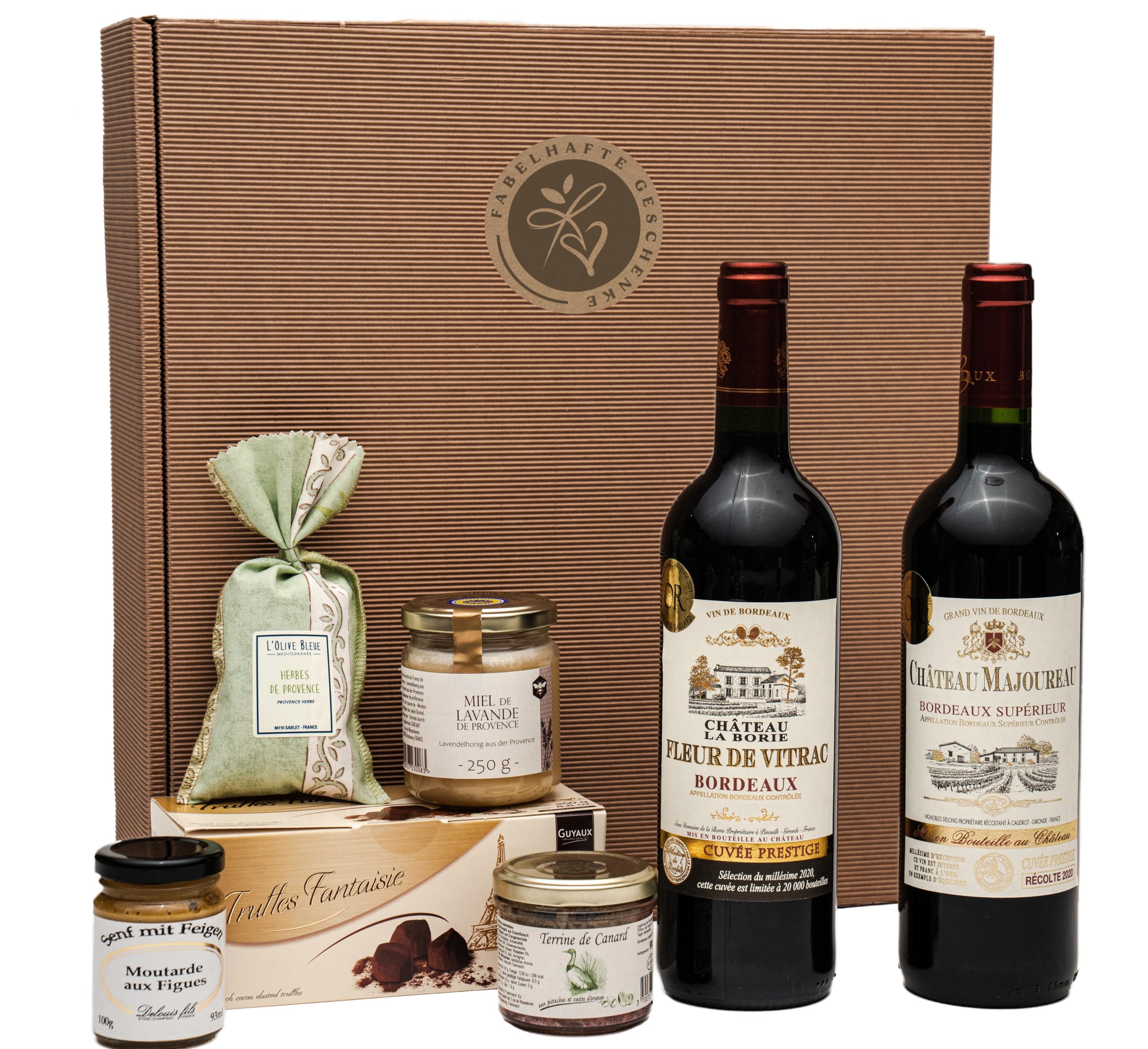 Präsentkorb Frankreich mit Rotwein (Bordeaux) und französischen Delikatessen in schöner Präsentverpackung | ein Geschenk für Männer & Frauen mit leckerer Feinkost aus Frankreich