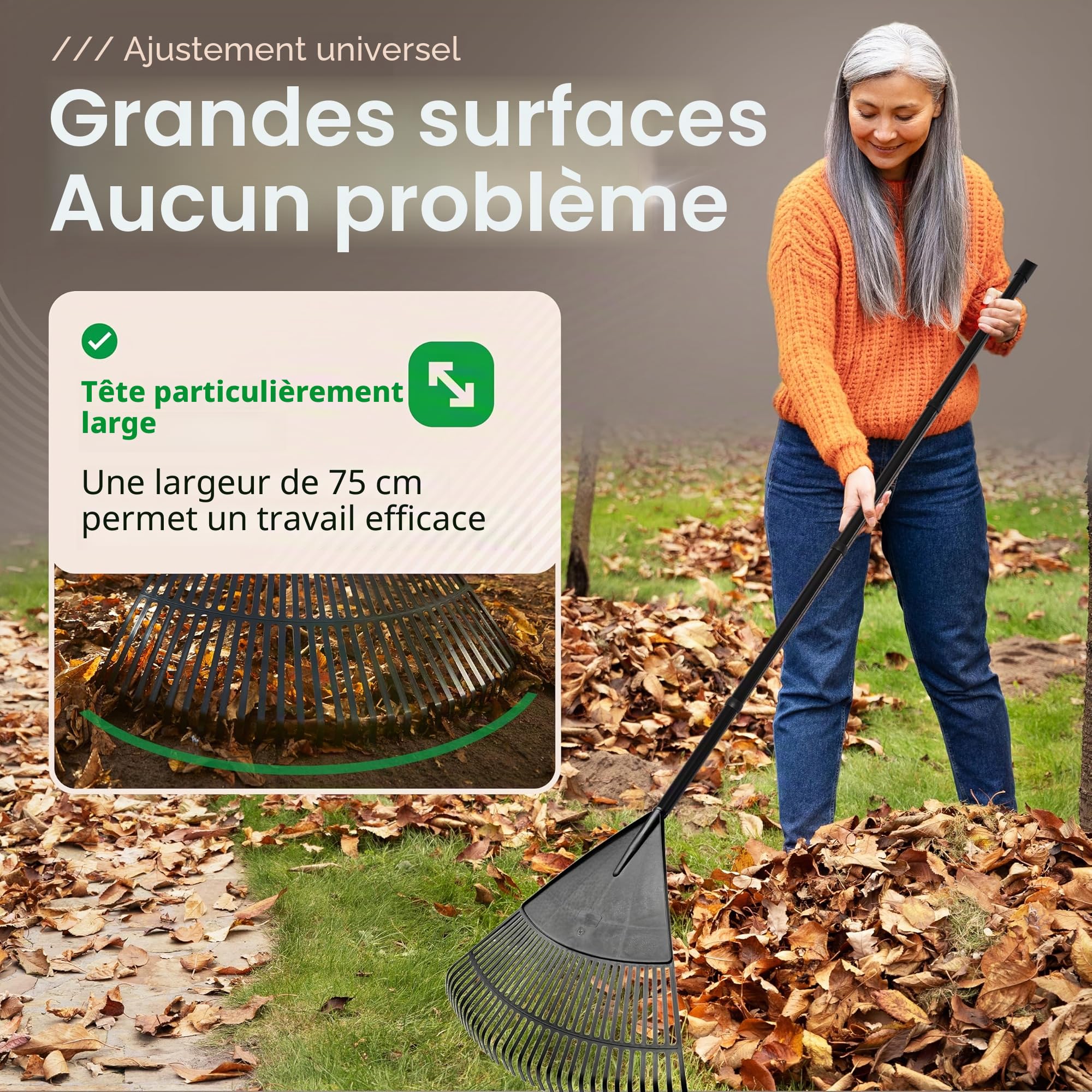 Novatool Balai à feuilles avec manche à 4 pièces et à visser, balayeur avec 30 dents en plastique, râteau largeur de travail 75 cm