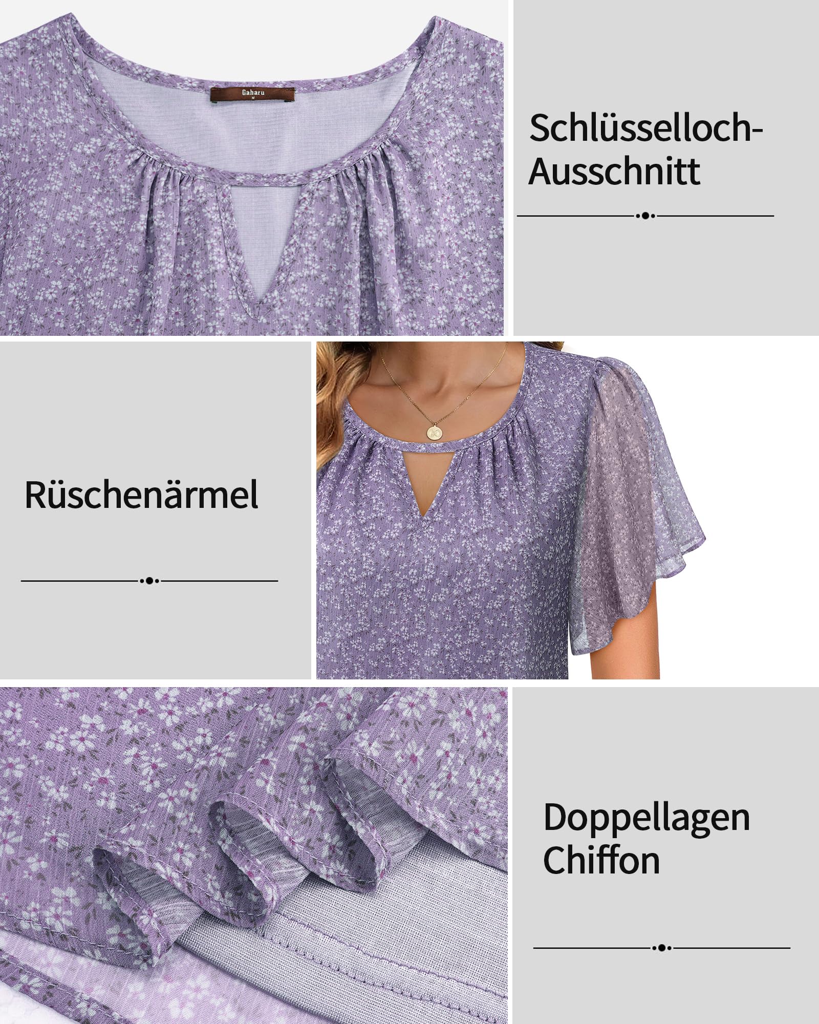 Gaharu Blusa elegante de manga corta para mujer, estilo túnica de verano, informal, cuello redondo, manga con volantes, de gasa, floral, blusa